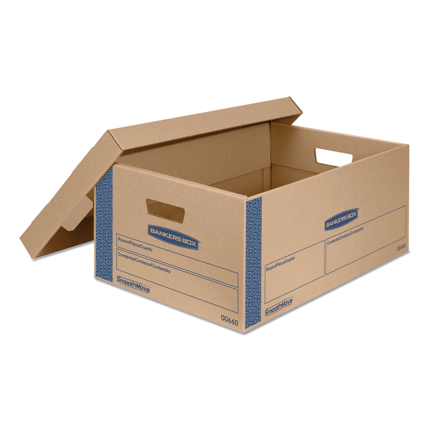 Bankers Box® SmoothMove Prime Moving/Storage Boxes, Lift-Off Lid, Half Slotted Container, Large, 15" x 24" x 10", Brown/Blue, 8/Carton