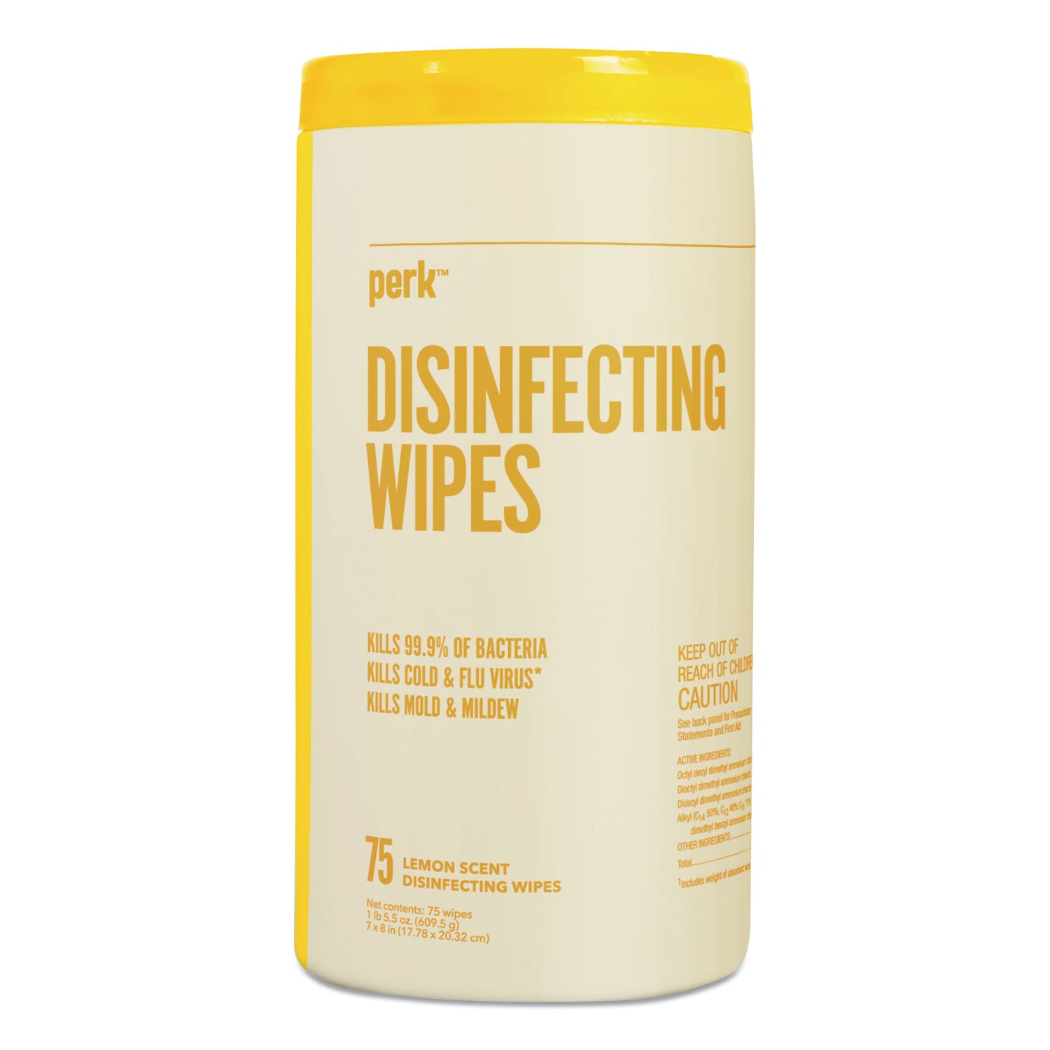 Perk™ Disinfecting Wipes, 7 x 8, Lemon, White, 75 Wipes/Canister