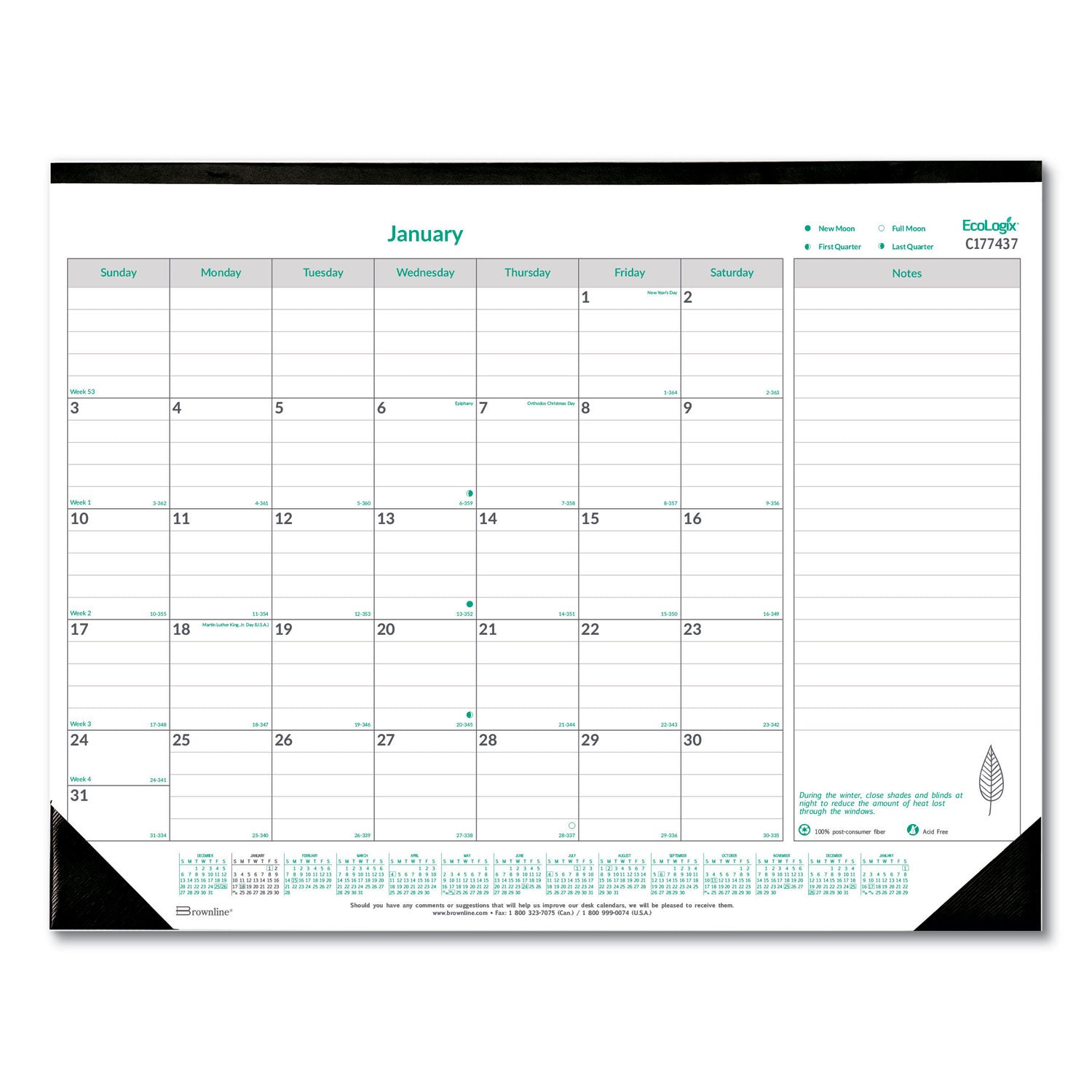 EcoLogix Monthly Desk Pad Calendar, 22 x 17, White/Green Sheets, Black Binding/Corners, 12-Month (Jan to Dec): 2025