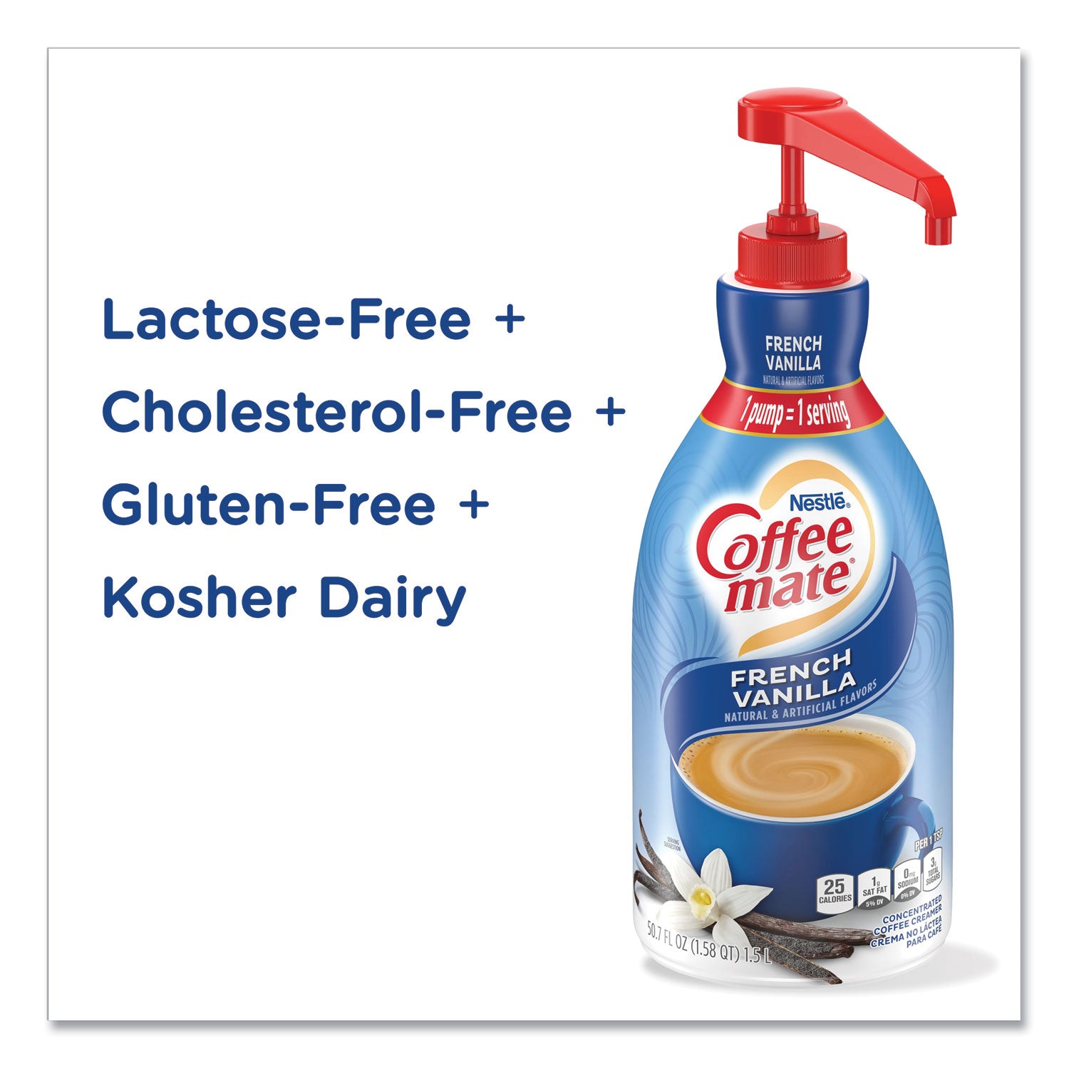 Coffee mate® Liquid Coffee Creamer, French Vanilla, 1.5 L Pump Bottle, 2/Carton