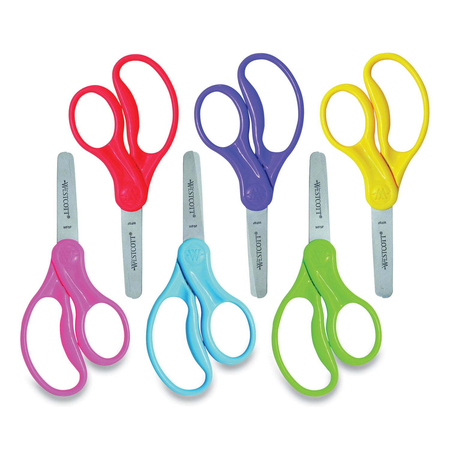 Westcott® For Kids Scissors, Rounded Tip, 5" Long, 1.75" Cut Length, Straight Assorted Color Handles, 6/Pack