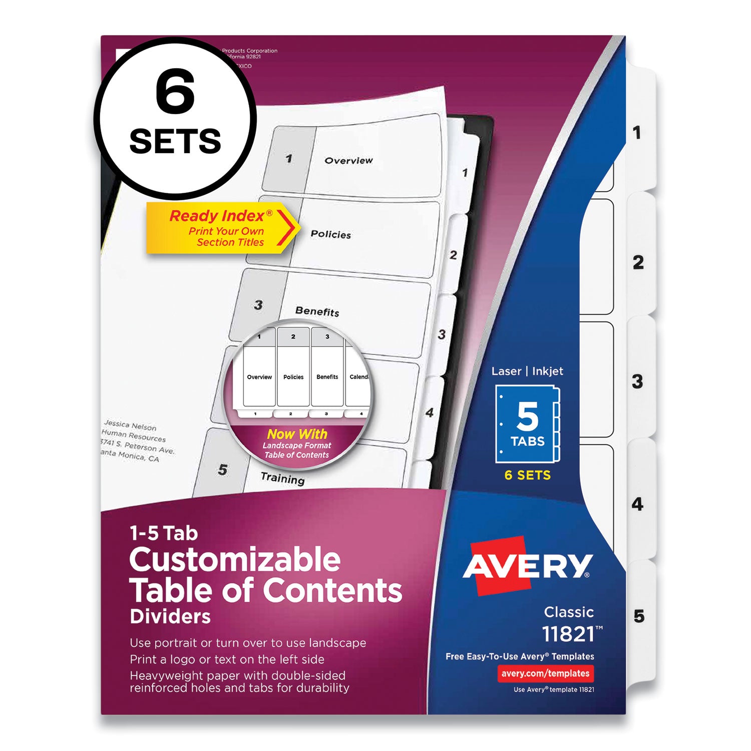 Customizable Table of Contents Ready Index Black and White Dividers, 5-Tab, 1 to 5, 11 x 8.5, White, 6 Sets