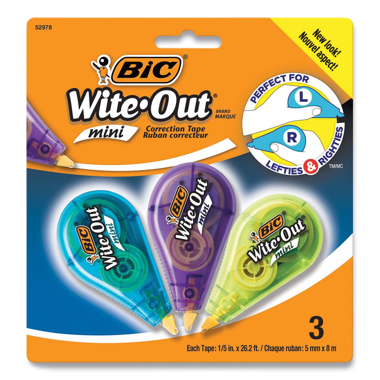 BIC® Wite-Out Brand Mini Correction Tape, Non-Refillable, Blue/Purple/Yellow Applicators, 0.2" x 314.4", 3/Pack