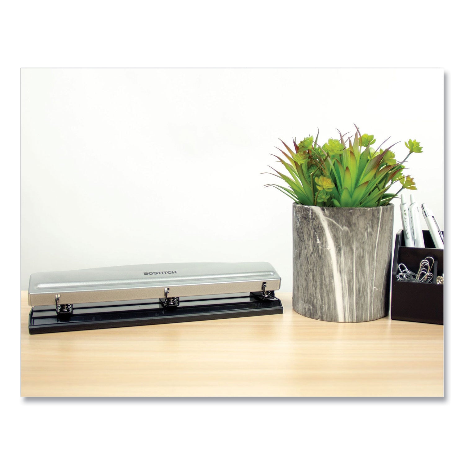 Bostitch® 12-Sheet Three-Hole Punch, 9/32" Holes, Silver/black