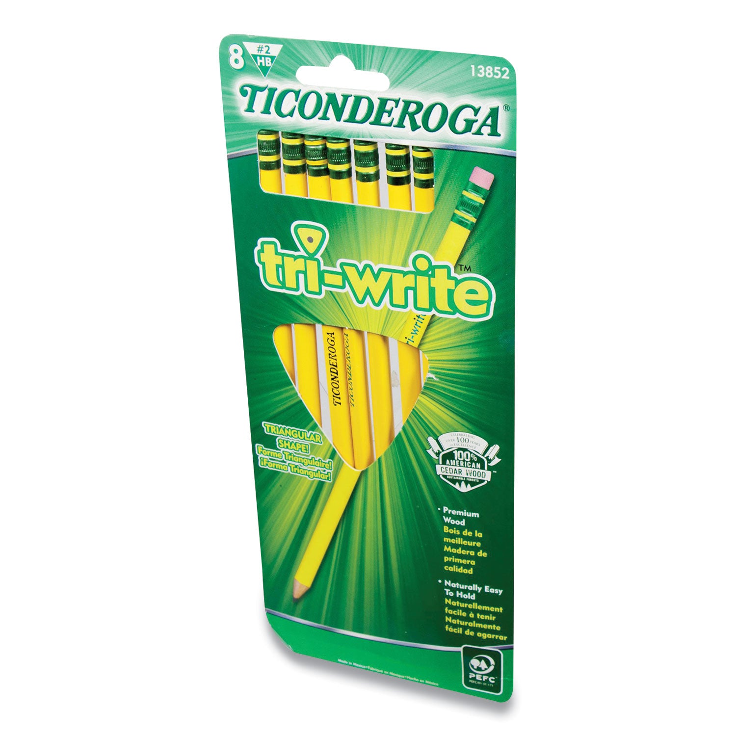Ticonderoga® TRI-WRITE TRIANGULAR PENCIL, HB (#2), BLACK LEAD, YELLOW BARREL, 8/PACK