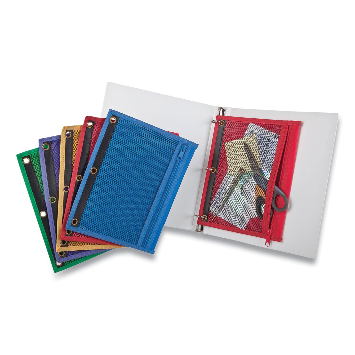 Centis® Mesh Binder Pockets, 3-Hole Punched, 10.5" x 7.5", Randomly Assorted Colors
