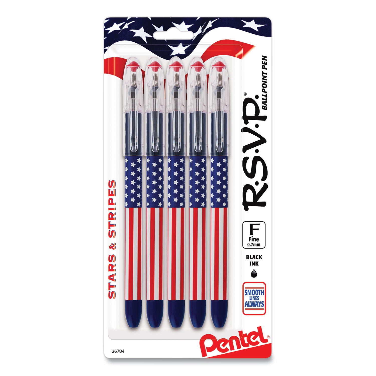 Pentel® R.s.v.p. Stars And Stripes Ballpoint Pen, Stick, Fine 0.7 Mm, Black Ink, Red/white/blue Barrel, 5/pack