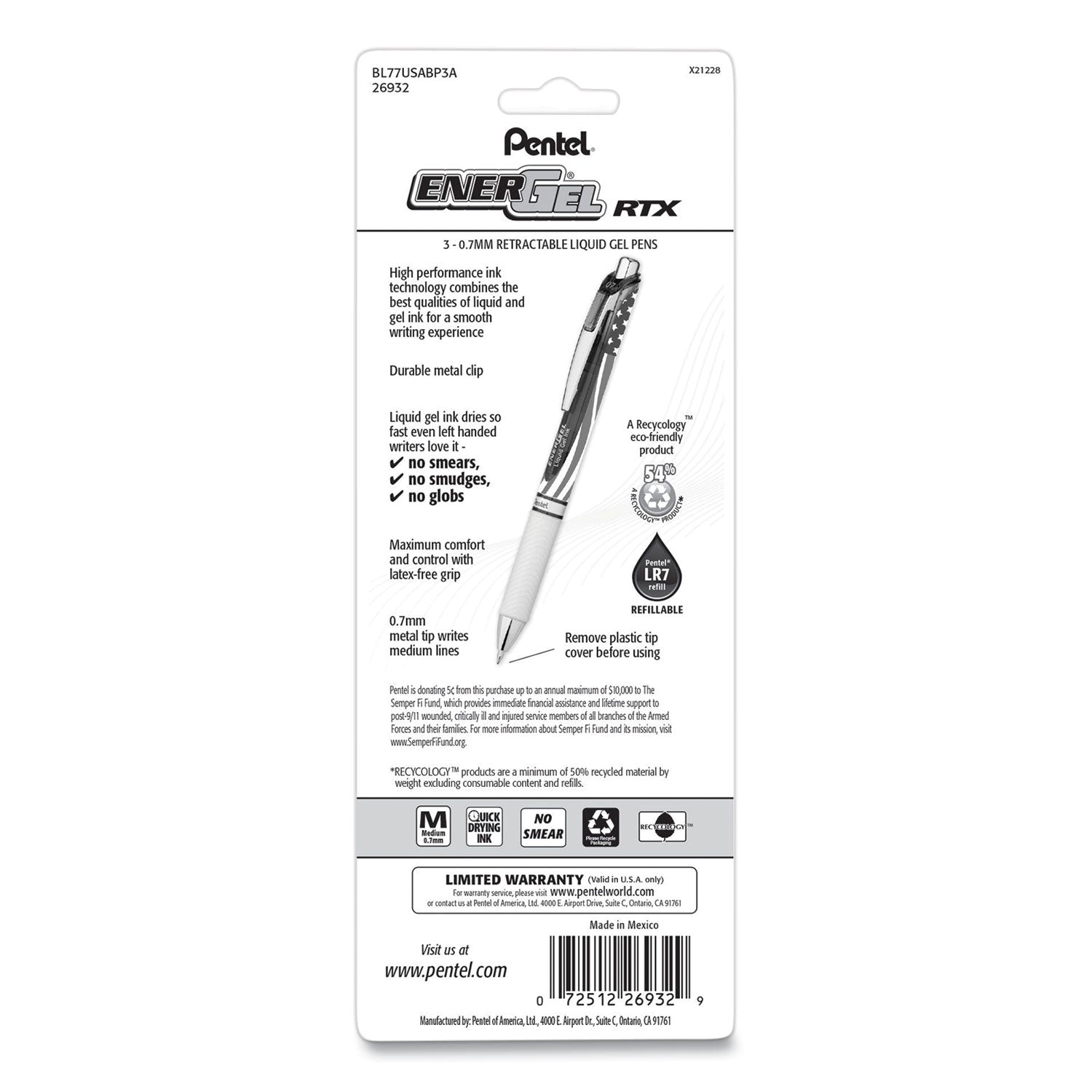 Pentel® ENERGEL RTX STARS AND STRIPES GEL PEN, RETRACTABLE, MEDIUM 0.7 MM, BLACK INK, RED/WHITE/BLUE BARREL, 3/PACK