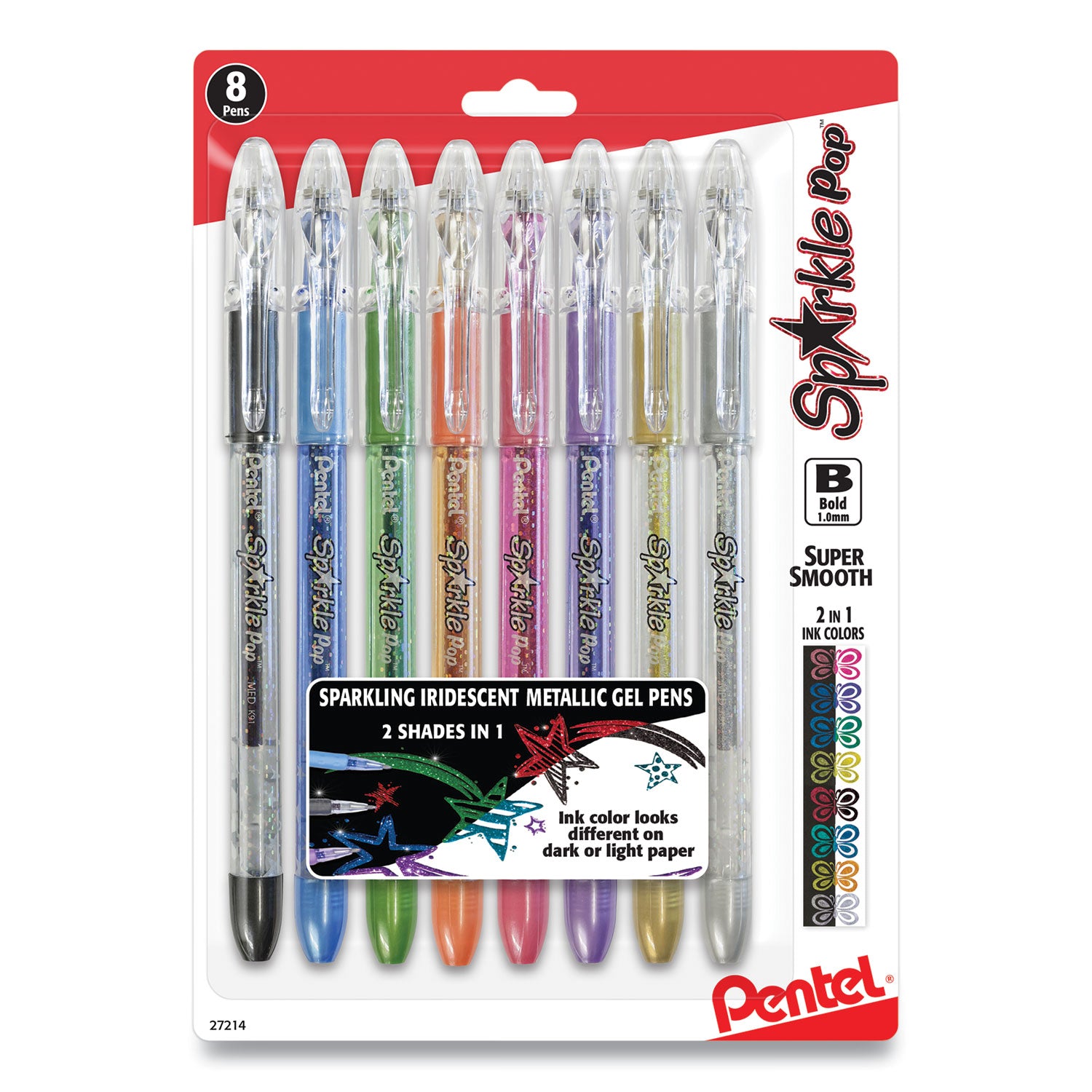 Sparkle Pop Metallic Gel Pen, Stick, Bold 1 mm, Assorted Ink Colors, Clear Barrel, 8/Pack