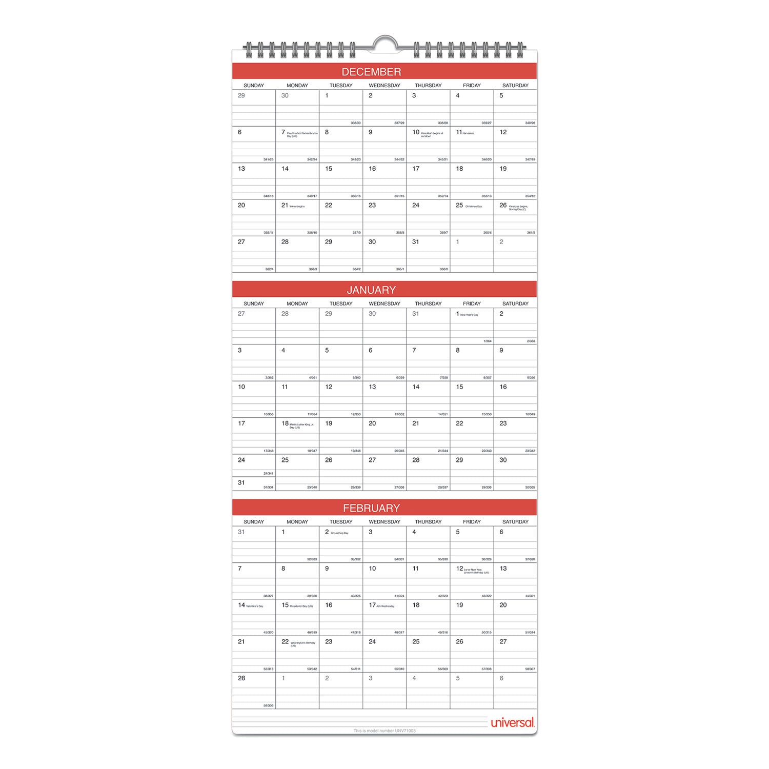 Universal® Three-Month Wall Calendar, 12 x 27, White/Red Sheets, 14-Month: Dec 2024 to Jan 2026