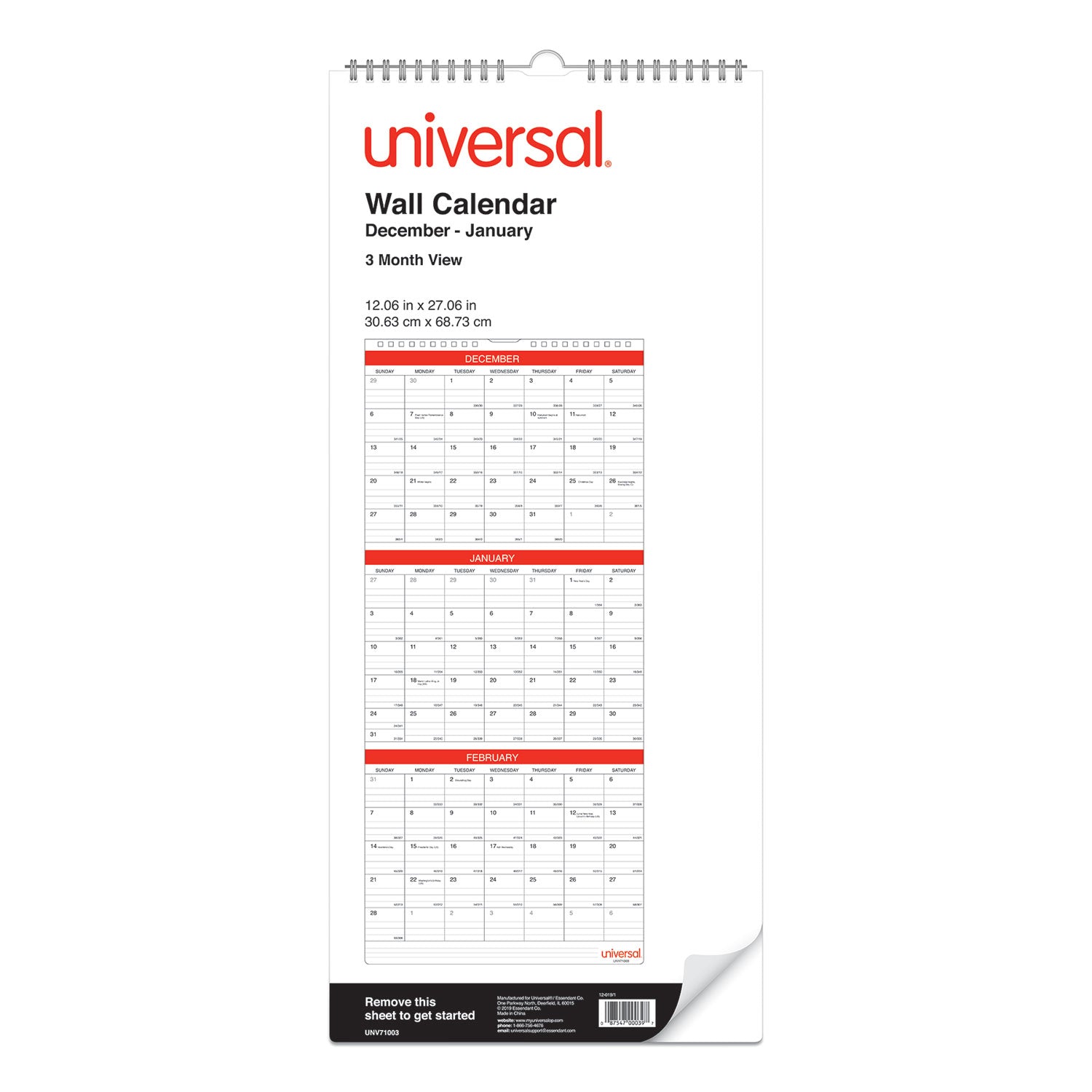 Universal® Three-Month Wall Calendar, 12 x 27, White/Red Sheets, 14-Month: Dec 2024 to Jan 2026