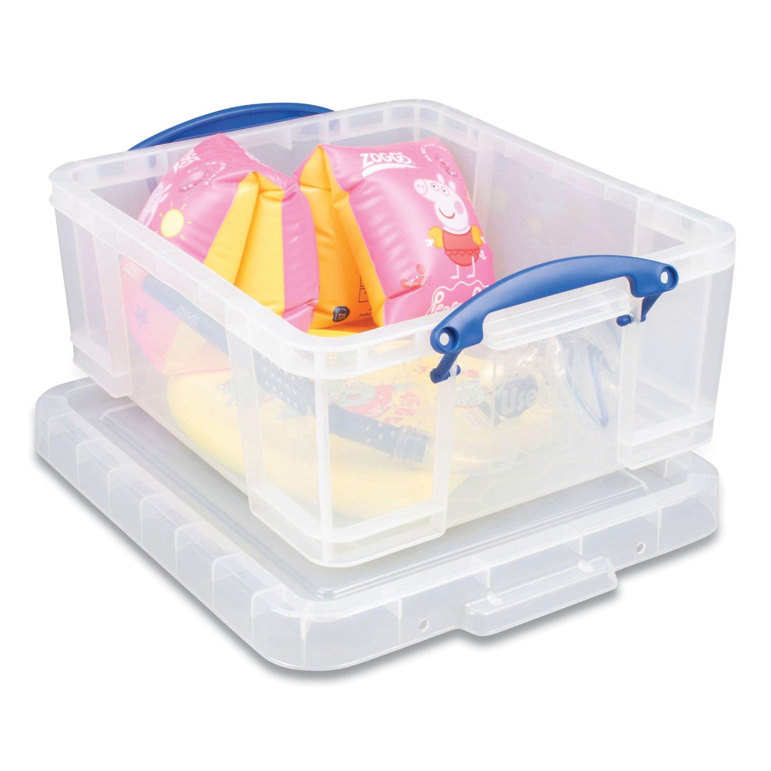 Really Useful Box® Snap-Lid Storage Bin, 4.49 Gal, 11" X 18" X 4", Clear/blue, 4/pack