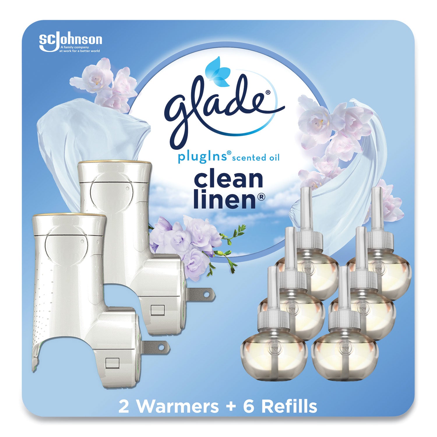 Glade® Plugin Scented Oil, Clean Linen, 0.67 oz, 2 Warmers and 6 Refills/Pack