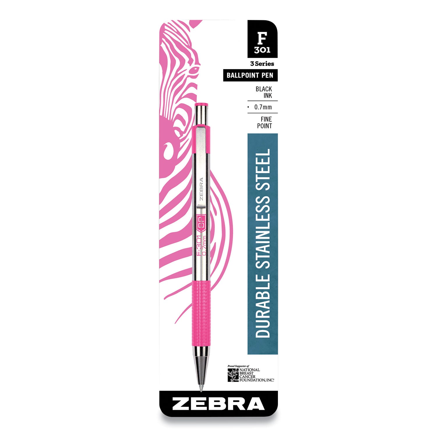 Zebra® F-301 Breast Cancer Awareness Ballpoint Pen, Retractable, Fine 0.7 mm, Black Ink, Stainless Steel/Pink Barrel