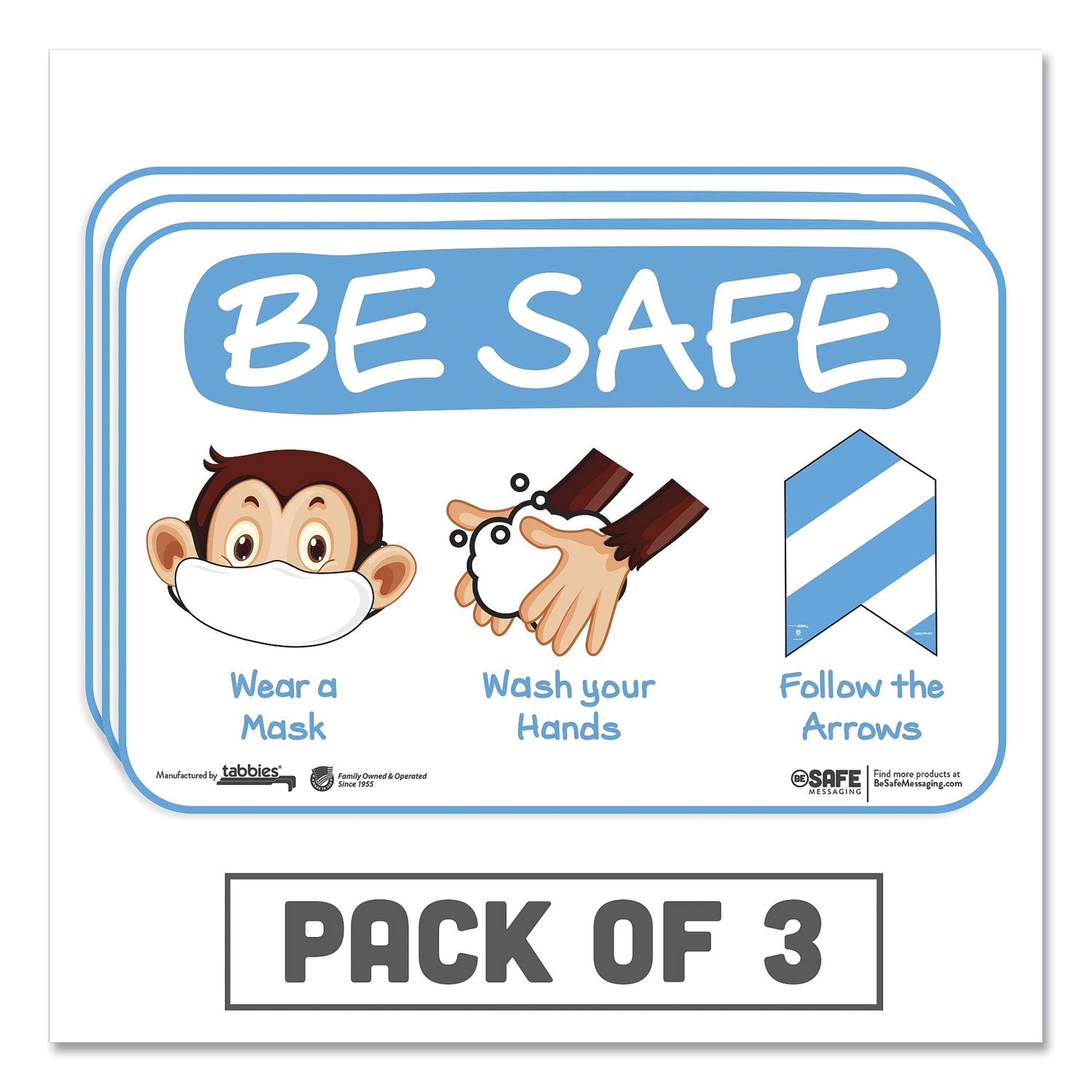 BeSafe Messaging Education Wall Signs, 9 x 6, "Be Safe, Wear a Mask, Wash Your Hands, Follow the Arrows", Monkey, 3/Pack