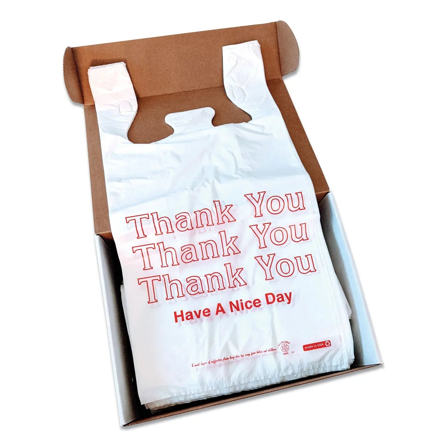Plastic "Thank You - Have a Nice Day" Shopping Bags, Cut-Out Handles, 11.5" x 6.5" x 22", White/Red, 250/Box Monarch® Flipcost