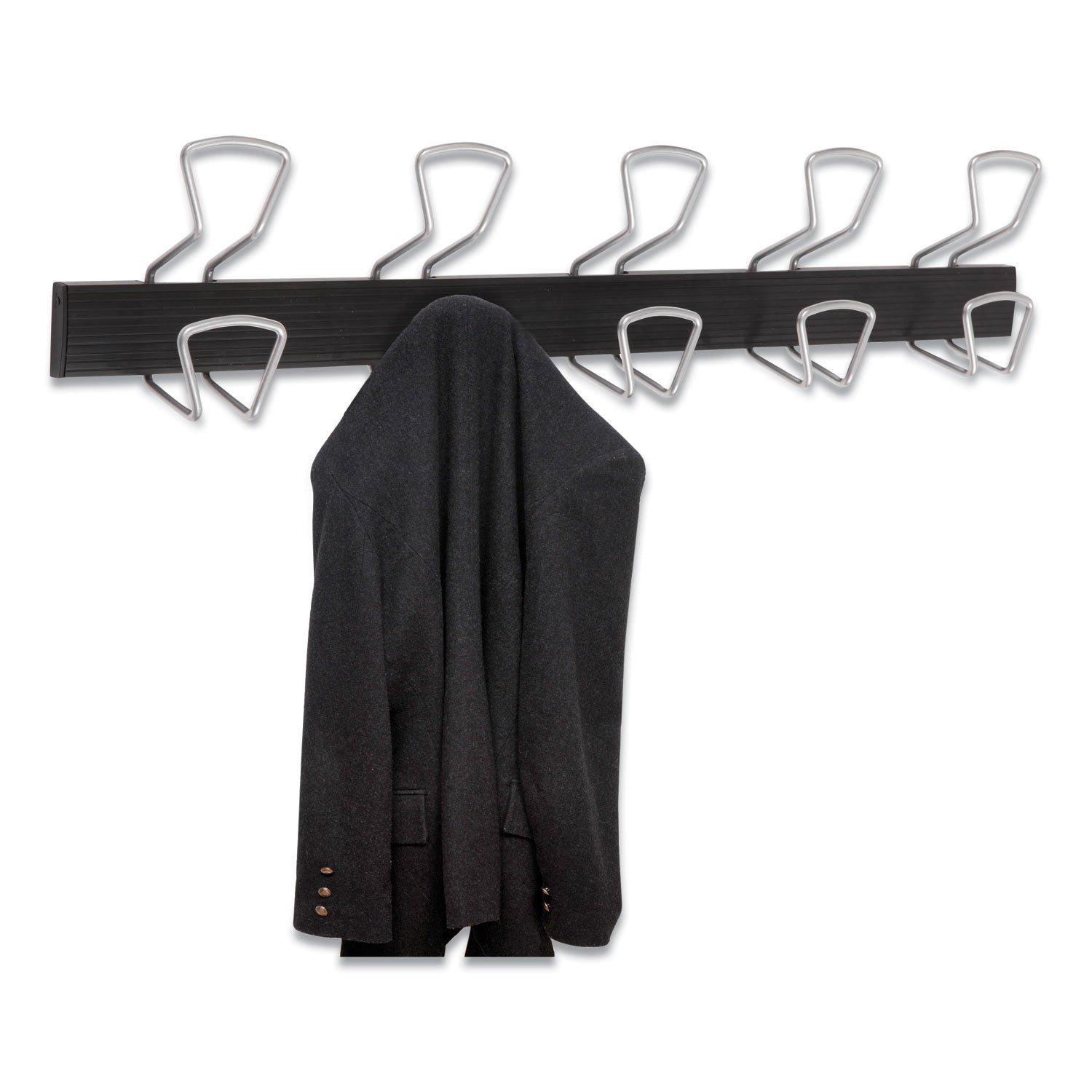 Alba™ Wall-Mount Coat Hooks, 29.92 x 2.95 x 6.45, Metal, Silver, 22 lb Capacity