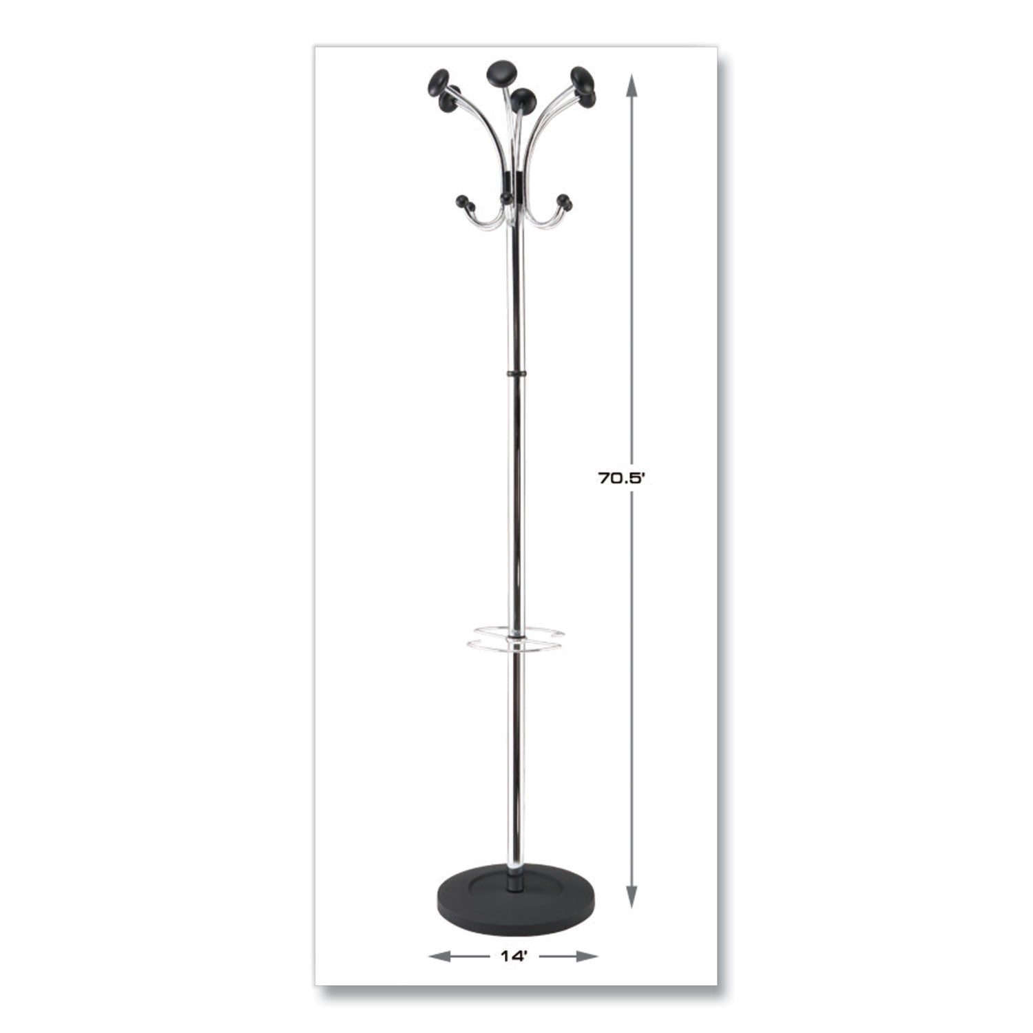 Alba™ Chromy Coat Stand, 12 Knobs, 16w X 16d X 70.5h, Chrome/black
