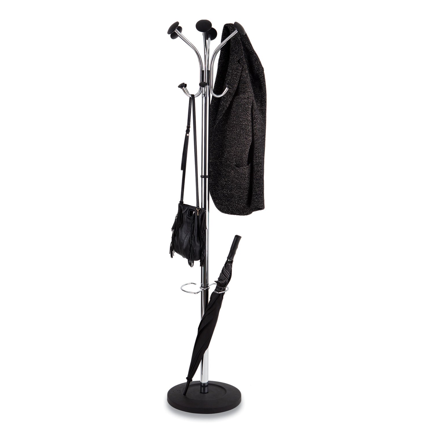 Alba™ Chromy Coat Stand, 12 Knobs, 16w X 16d X 70.5h, Chrome/black