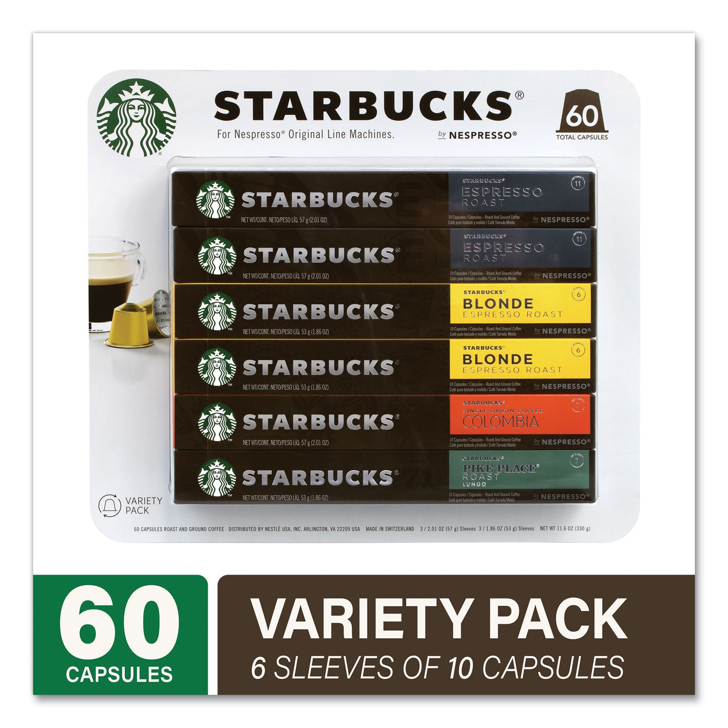Starbucks® By NESPRESSO® Pods Variety Pack, Blonde Espresso/Colombia/Espresso/Pikes Place, 60 Pods/Pack