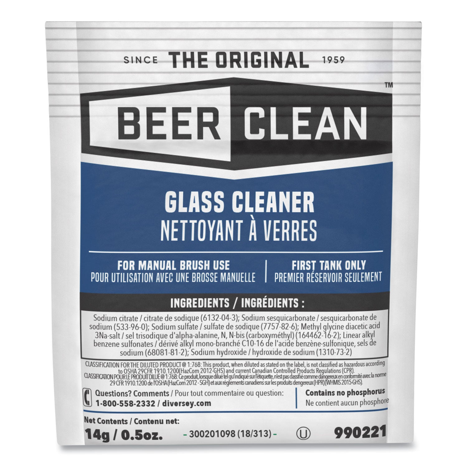 Diversey™ Beer Clean Glass Cleaner, Powder, 0.5 Oz Packet, 100/carton