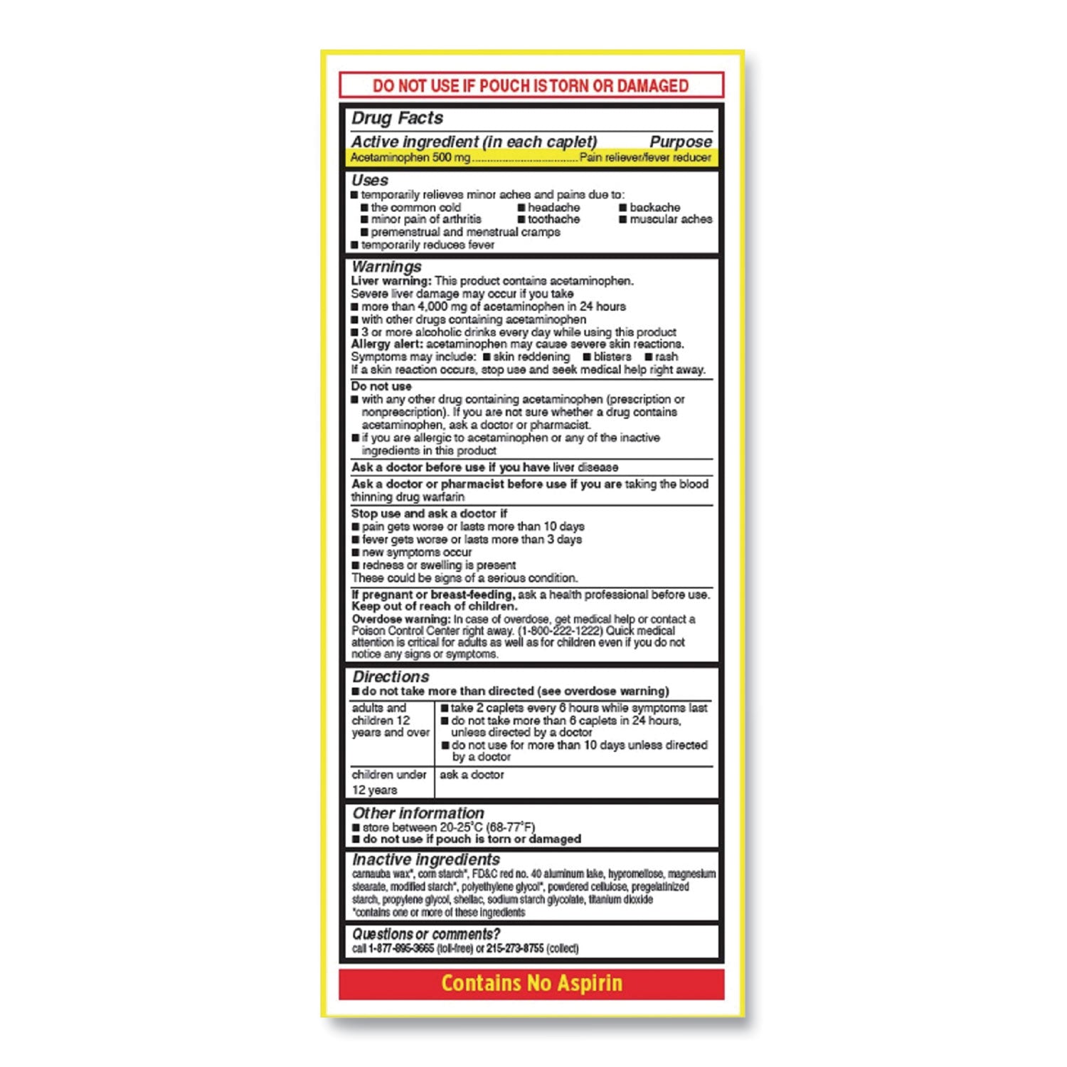 Tylenol® Acetaminophen, 500mg, Extra Strength Caplets, Refill, 2 /Packet, 30 Packets/Box