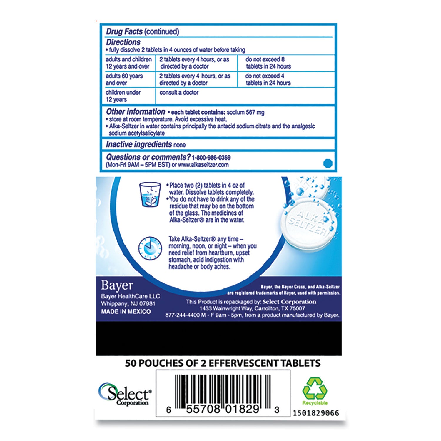 Alka-Seltzer® Antacid And Pain Relief Medicine, Two-Pack, 50 Packs/box