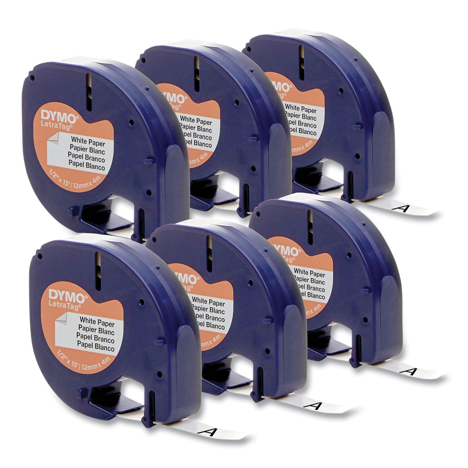 LetraTag Paper Label Tape Cassettes, 0.5" x 13 ft, White, 6/Box