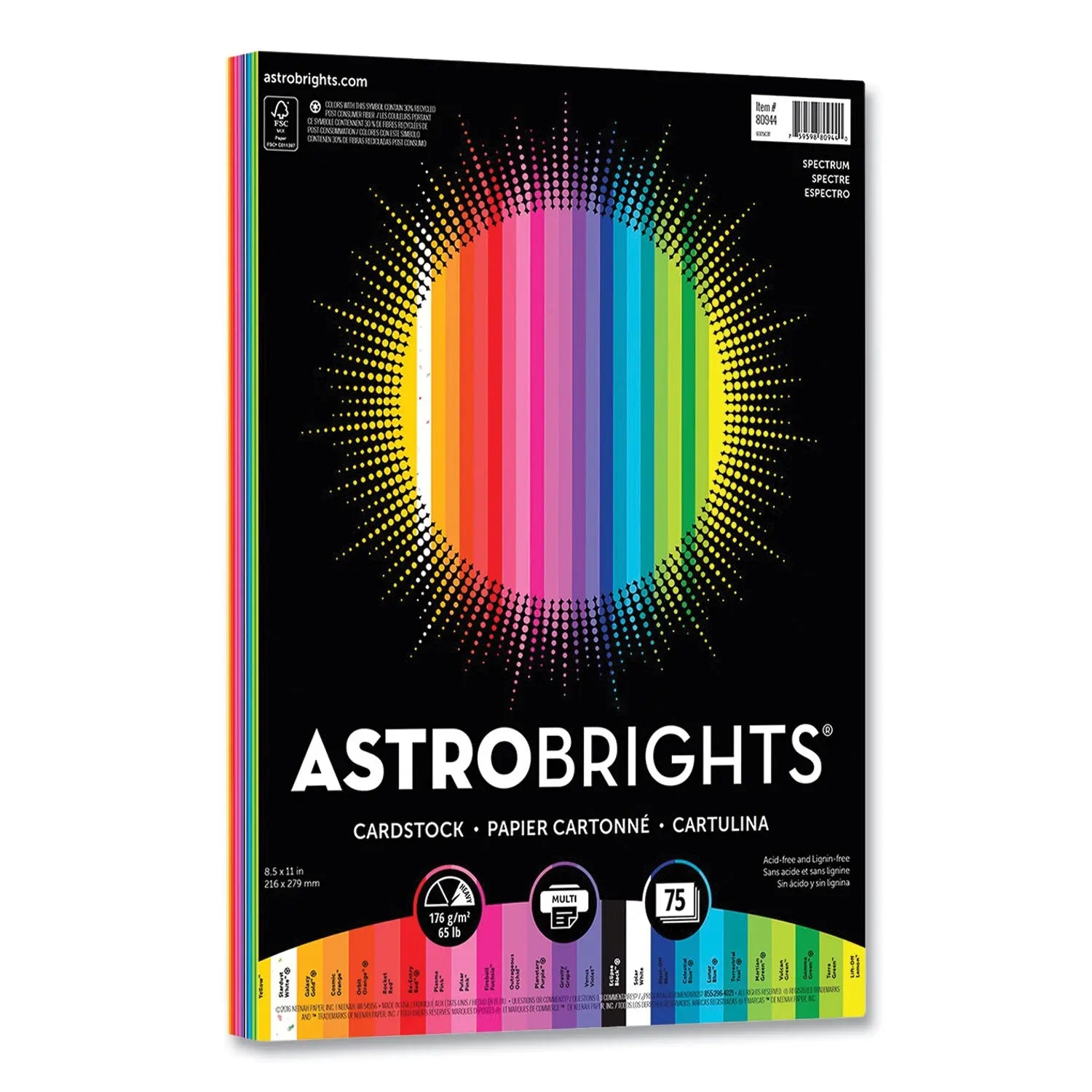 Color Cardstock, 65 lb Cover Weight, 8.5 x 11, Assorted Spectrum Colors, 75/Pack