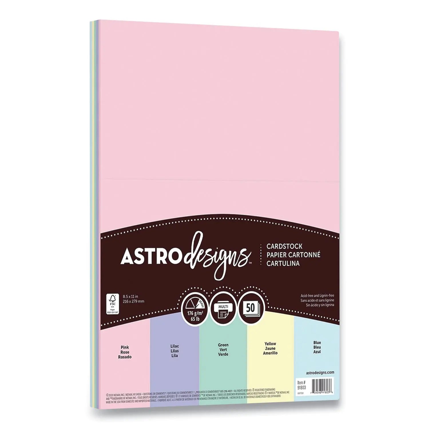Color Cardstock, 65 lb Cover Weight, 8.5 x 11, Assorted Pastel Colors, 50/Pack