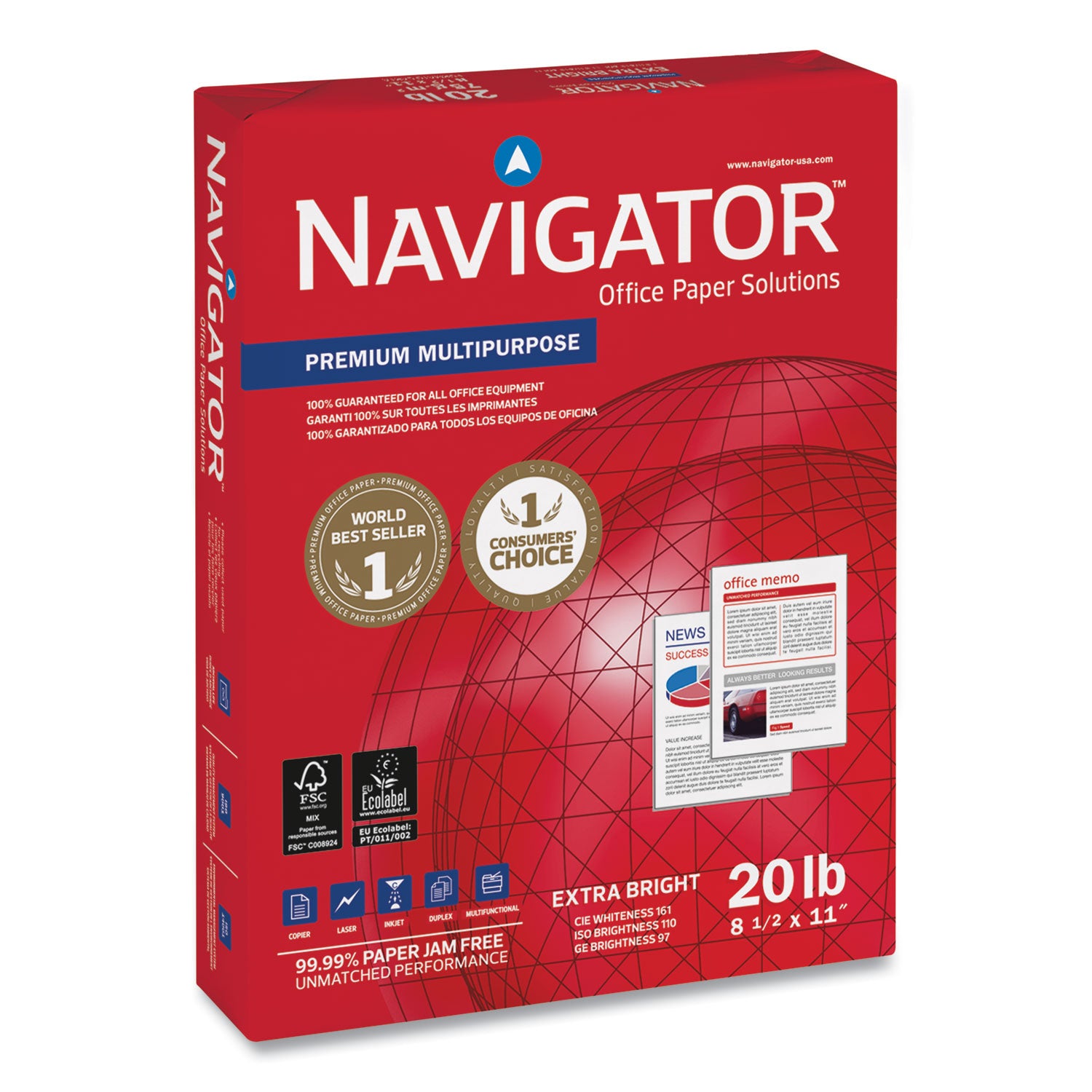 Navigator® Premium Multipurpose Copy Paper, 97 Bright, 20 lb Bond Weight, 8.5 x 11, White, 500 Sheets/Ream, 5 Reams/Carton