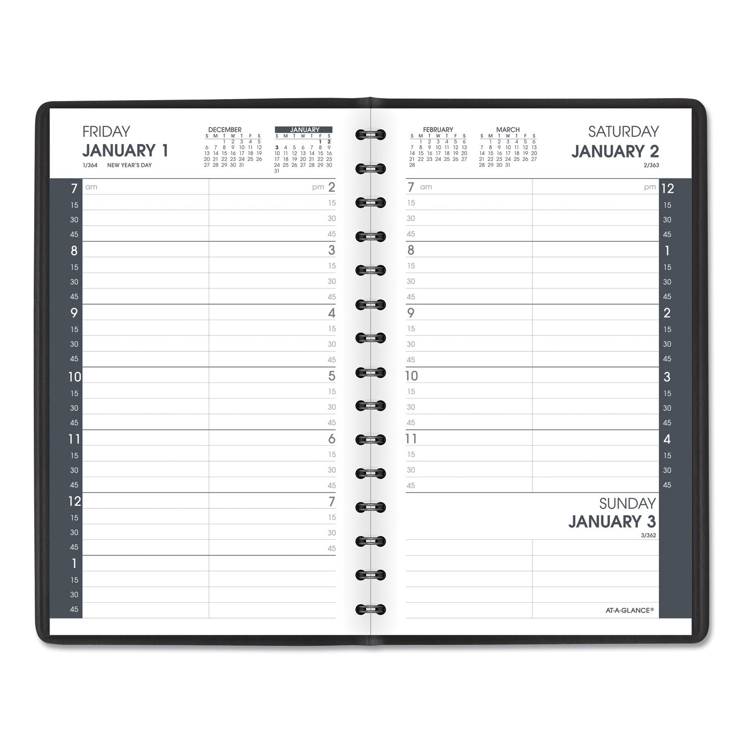 AT-A-GLANCE® Daily Appointment Book with 15-Minute Appointments, One Day/Page: Mon to Sun, 8 x 5, Black Cover, 12-Month (Jan to Dec): 2025