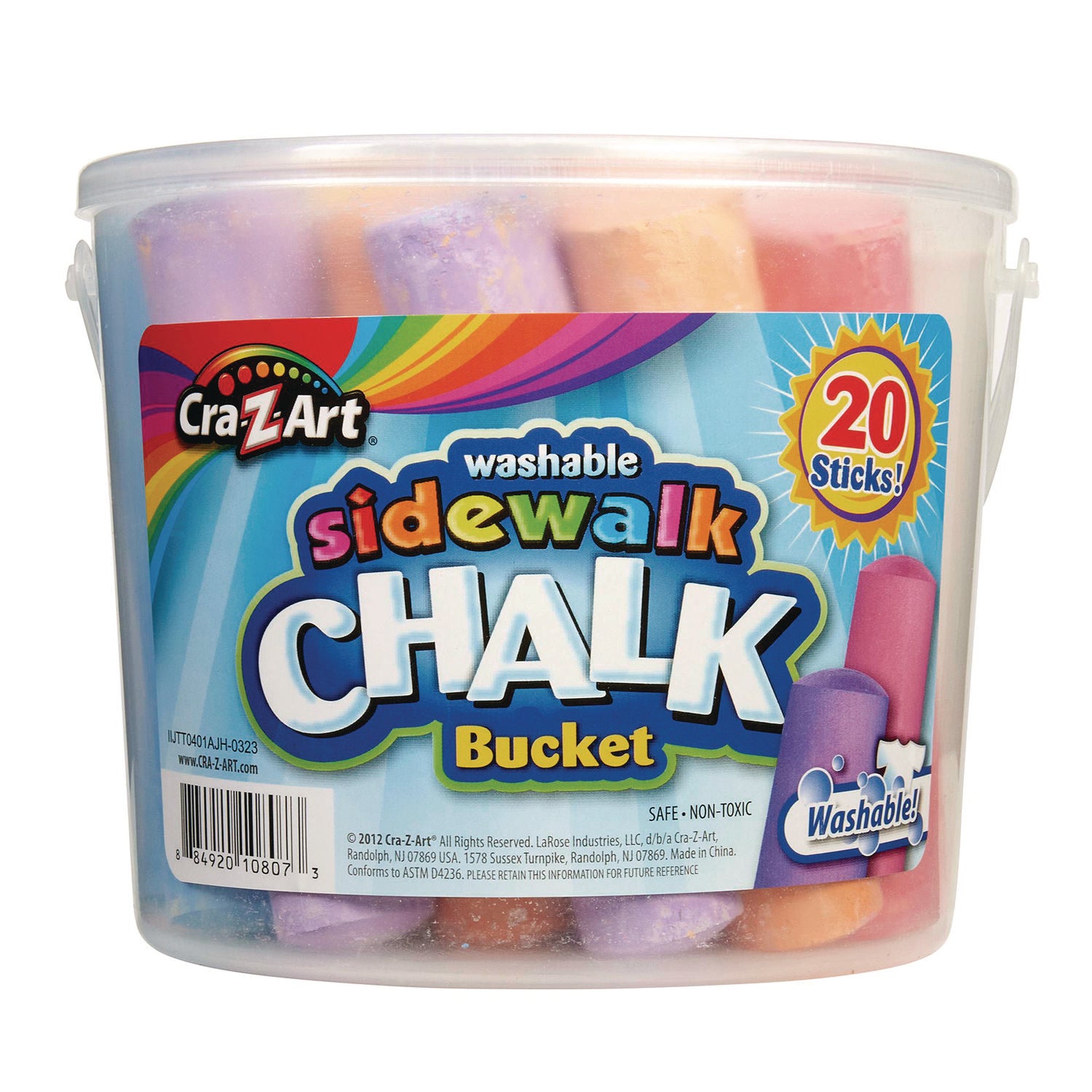 Washable Sidewalk Jumbo Chalk in Storage Bucket with Lid and Handle, 12.63", 20 Assorted Colors