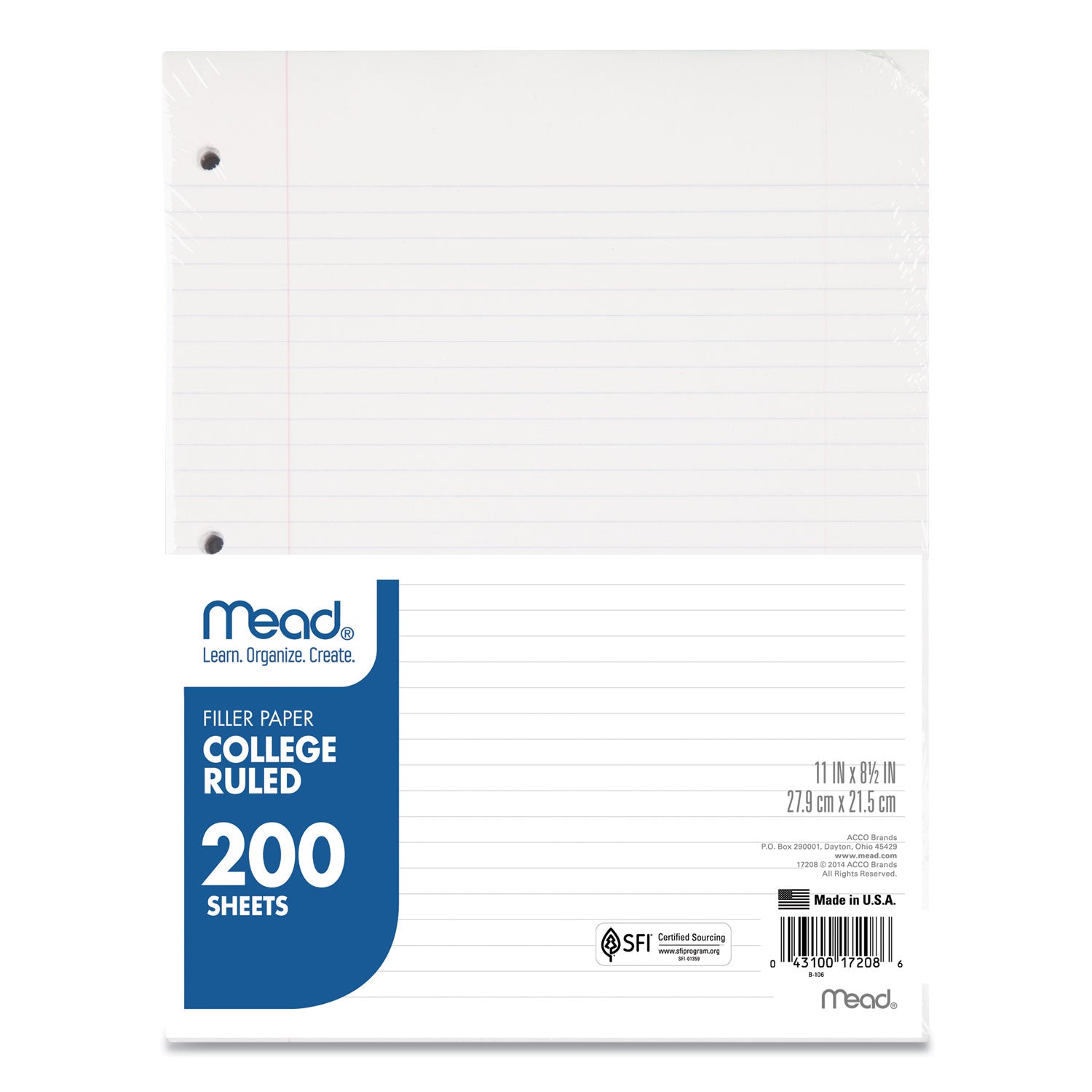 Filler Paper, 3-Hole, 8.5 x 11, College Rule, 200/Pack