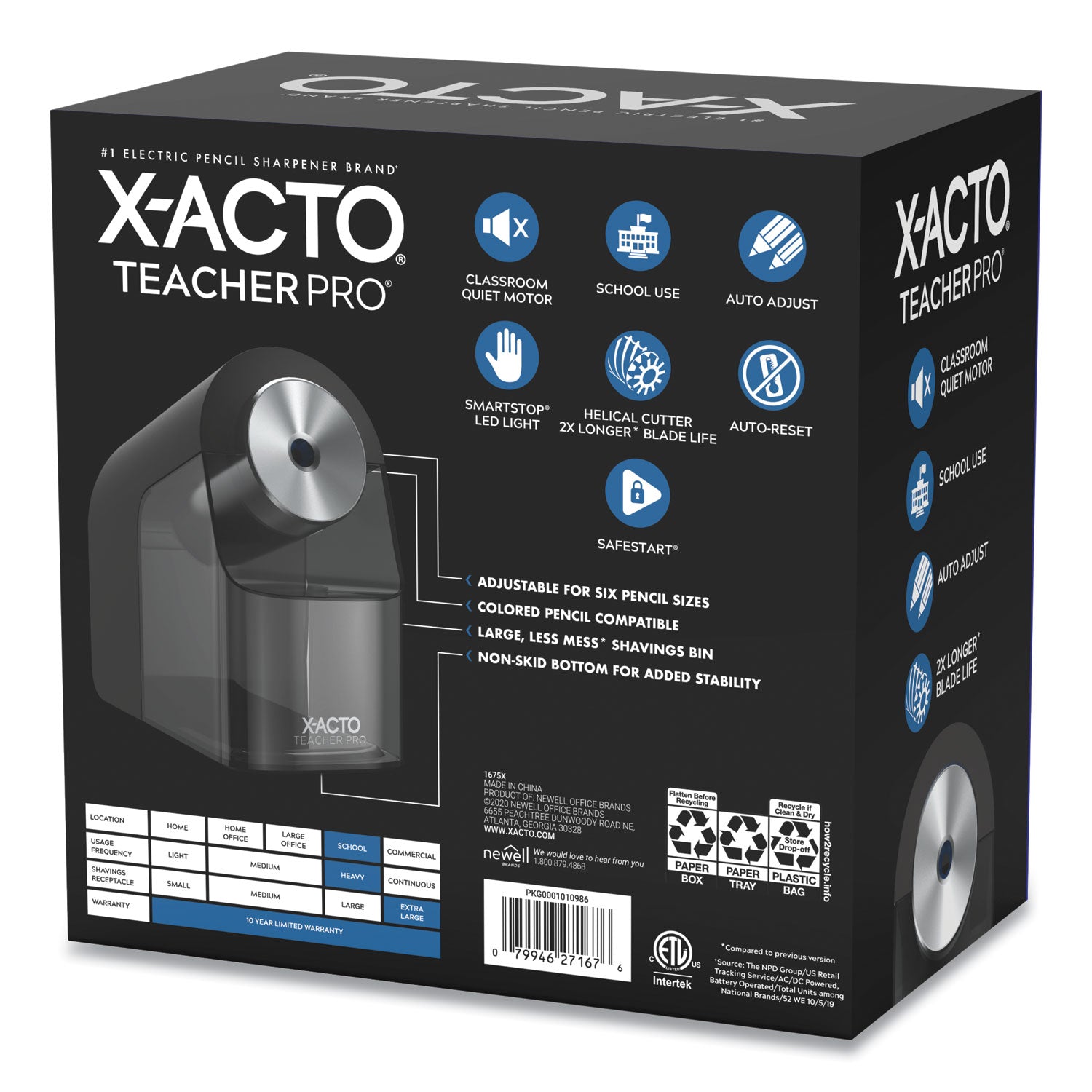X-ACTO® Model 1675 Teacherpro Classroom Electric Pencil Sharpener, Ac-Powered, 4 X 7.5 X 8, Black/silver/smoke
