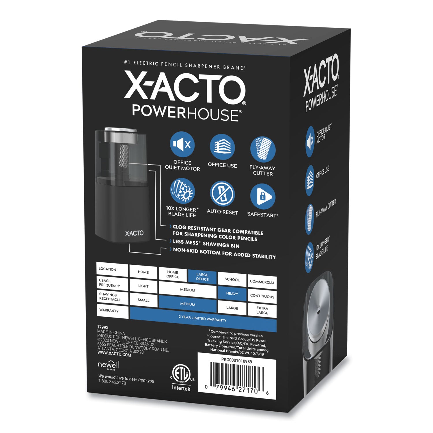 X-ACTO® Model 1799 Powerhouse Office Electric Pencil Sharpener, Ac-Powered, 3 X 3 X 7, Black/silver/smoke