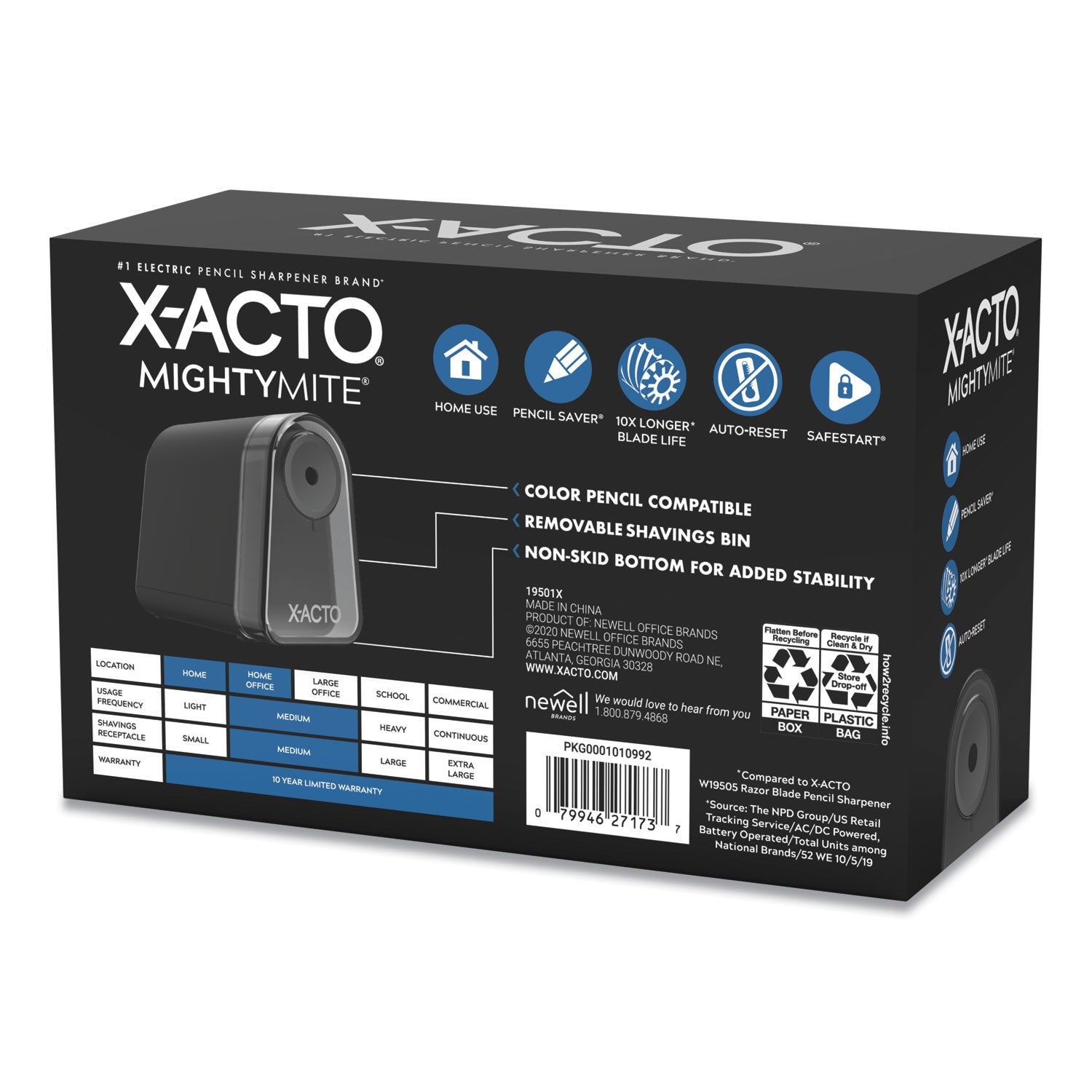 X-ACTO® Model 19501 Mighty Mite Home Office Electric Pencil Sharpener, Ac-Powered, 3.5 X 5.5 X 4.5, Black/gray/smoke