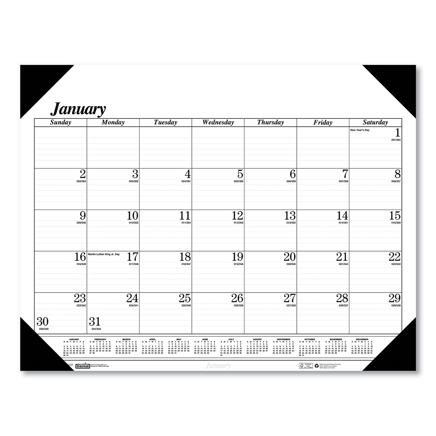Recycled One-Color Dated Monthly Desk Pad Calendar, 18.5 x 13, White Sheets, Black Binding/Corners,12-Month (Jan-Dec): 2025
