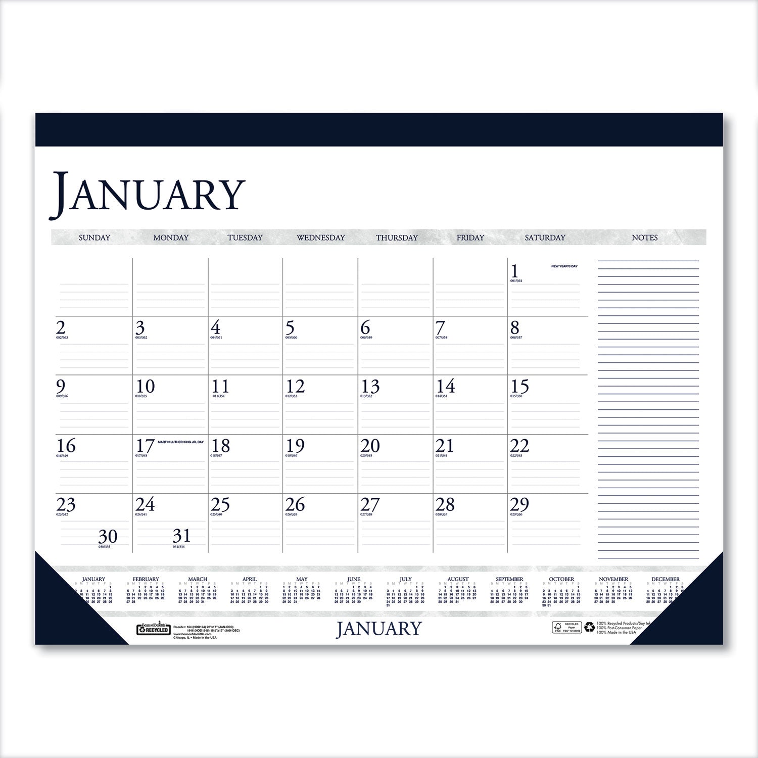 Recycled Two-Color Monthly Desk Pad Calendar with Notes Section, 18.5 x 13, Blue Binding/Corners, 12-Month (Jan-Dec): 2025