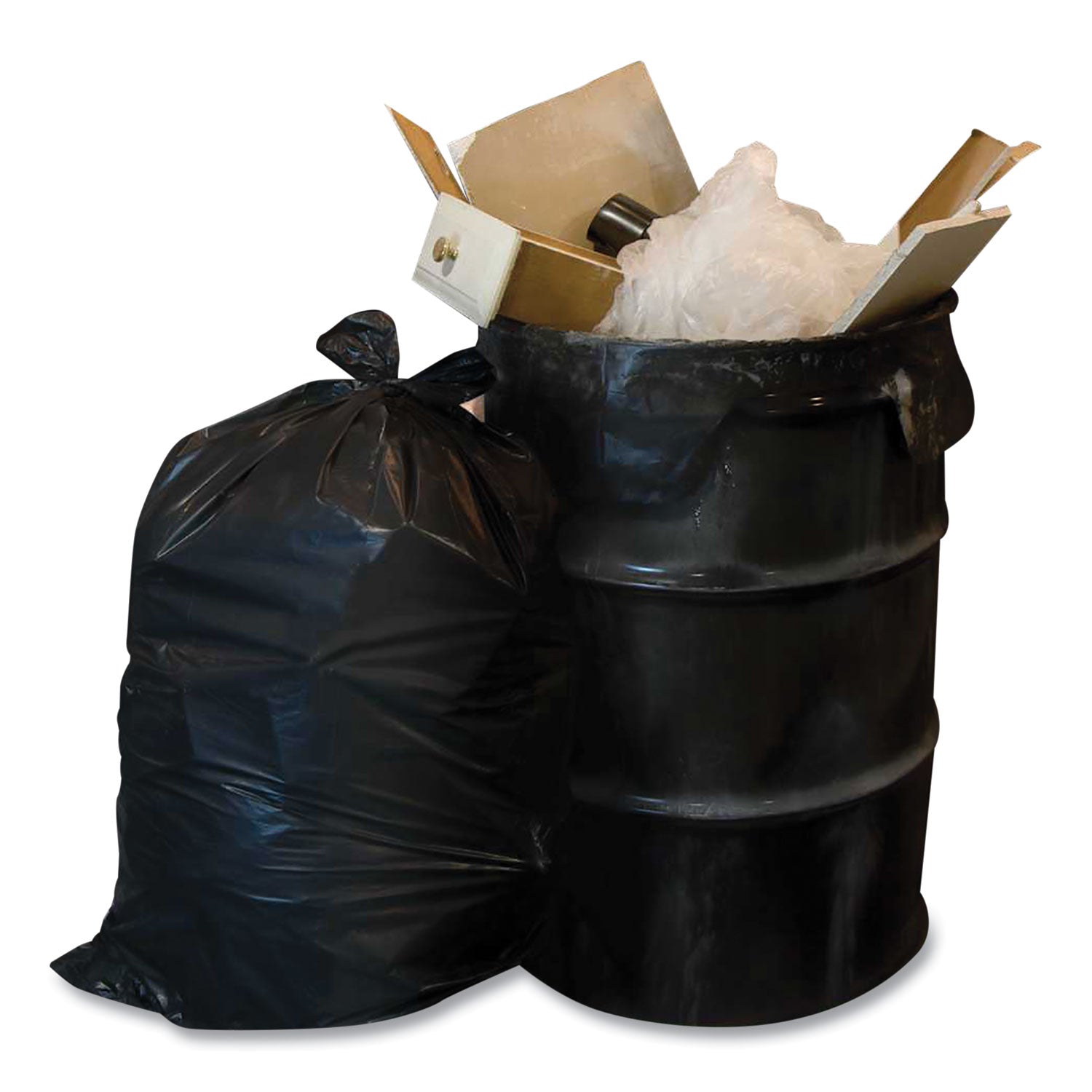 Berry Plastics Heavy-Duty Low-Density Wing Tie Contractor Bags, 55 gal, 3 mil, 35.75" x 53.88", Black, 15 Bags/Roll, 4 Rolls/Carton