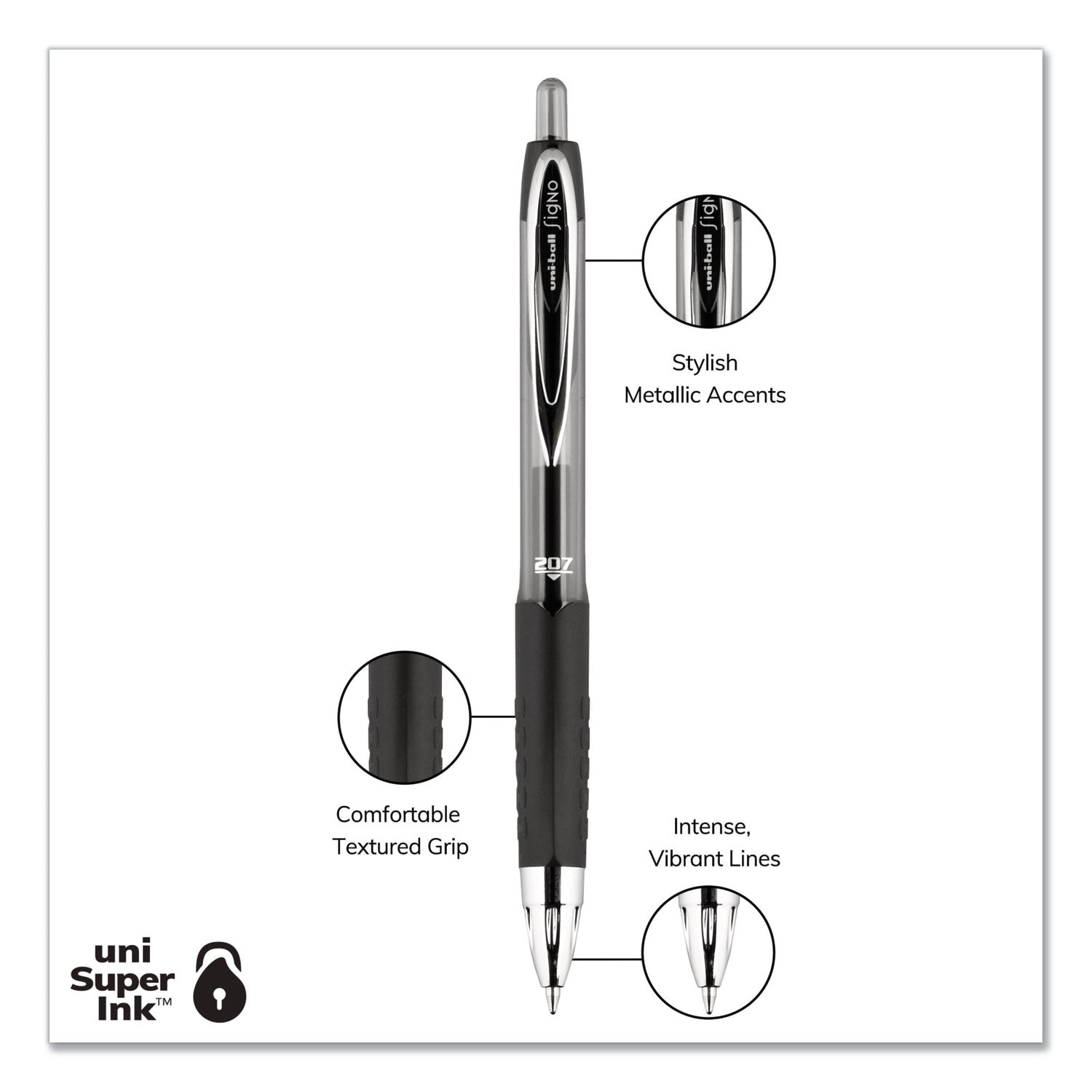 uniball® Signo 207 Gel Pen, Retractable, Medium 0.7 mm, Blue Ink, Smoke/Black/Blue Barrel, 4/Pack