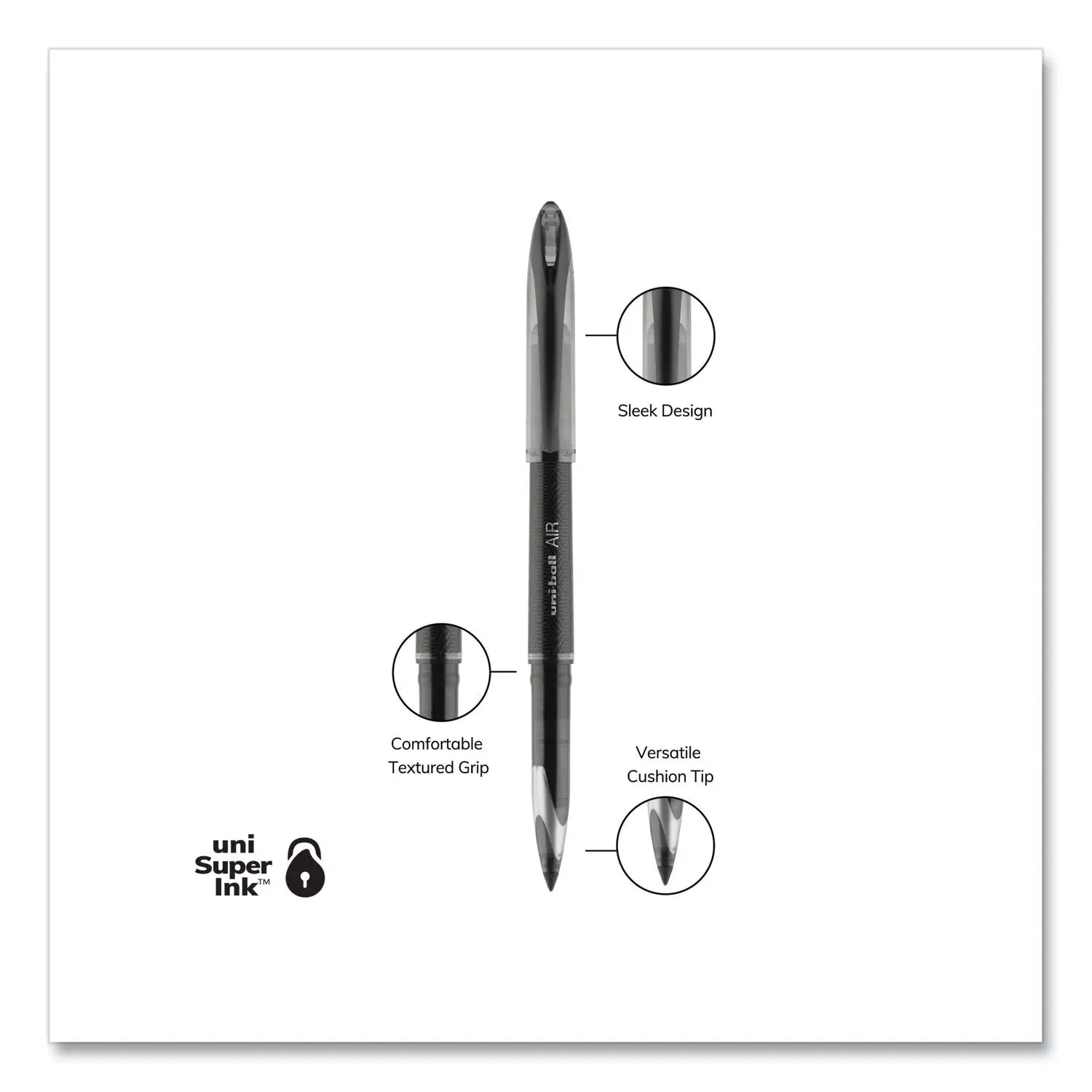 AIR Porous Gel Pen, Stick, Medium 0.7 mm, Black Ink, Black Barrel, 3/Pack uniball® Flipcost