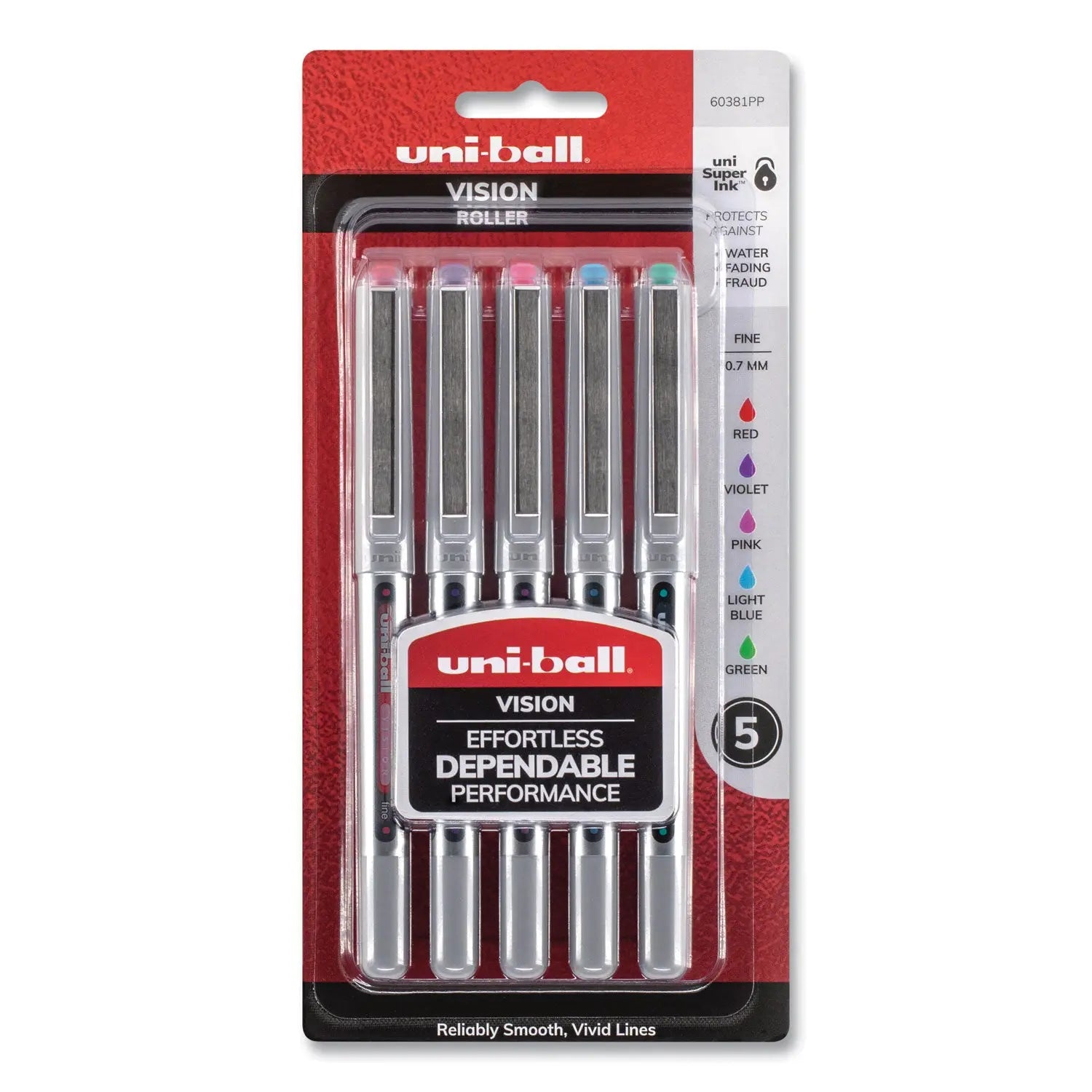 VISION Roller Ball Pen, Stick, Fine 0.7 mm, Assorted Ink and Barrel Colors, 5/Pack