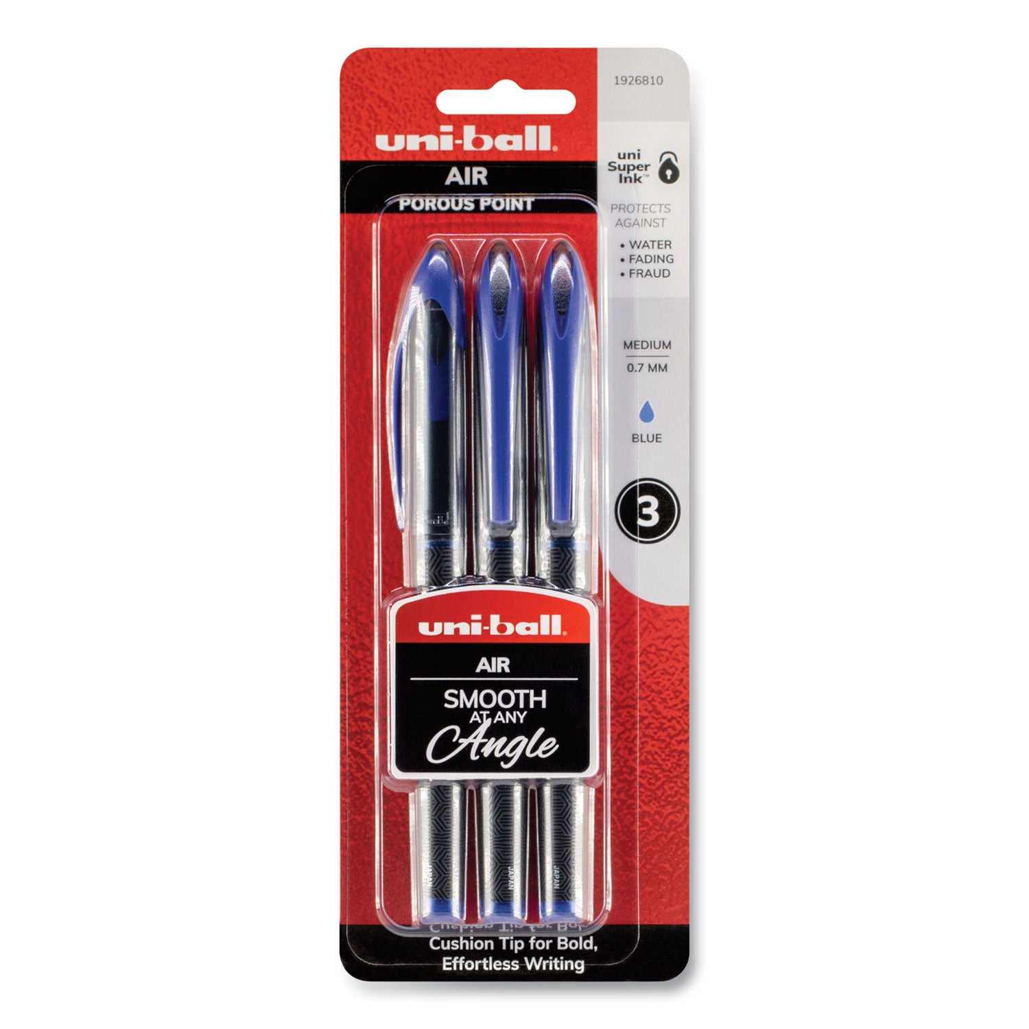 uniball® Air Porous Gel Pen, Stick, Medium 0.7 Mm, Blue Ink, Black/blue Barrel, 3/pack