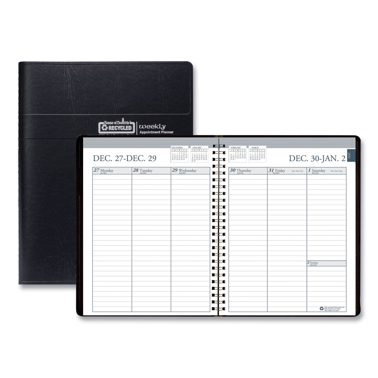 Recycled Weekly Appointment Book Ruled without Appointment Times, 8.75 x 6.88, Black Cover, 12-Month (Jan to Dec): 2025