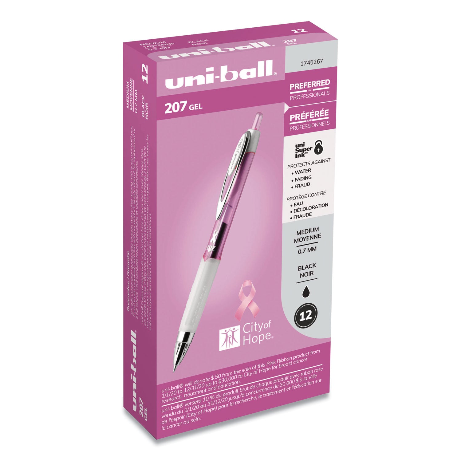 uniball® Signo 207 City of Hope Edition Gel Pen, Retractable, Medium 0.7 mm, Black Ink, Translucent Pink/White Barrel, Dozen