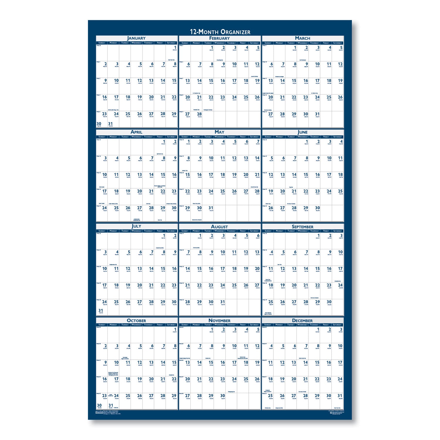 House of Doolittle™ Recycled Poster Style Reversible/Erasable Yearly Wall Calendar, 66 x 33, White/Blue/Gray Sheets, 12-Month (Jan to Dec): 2025