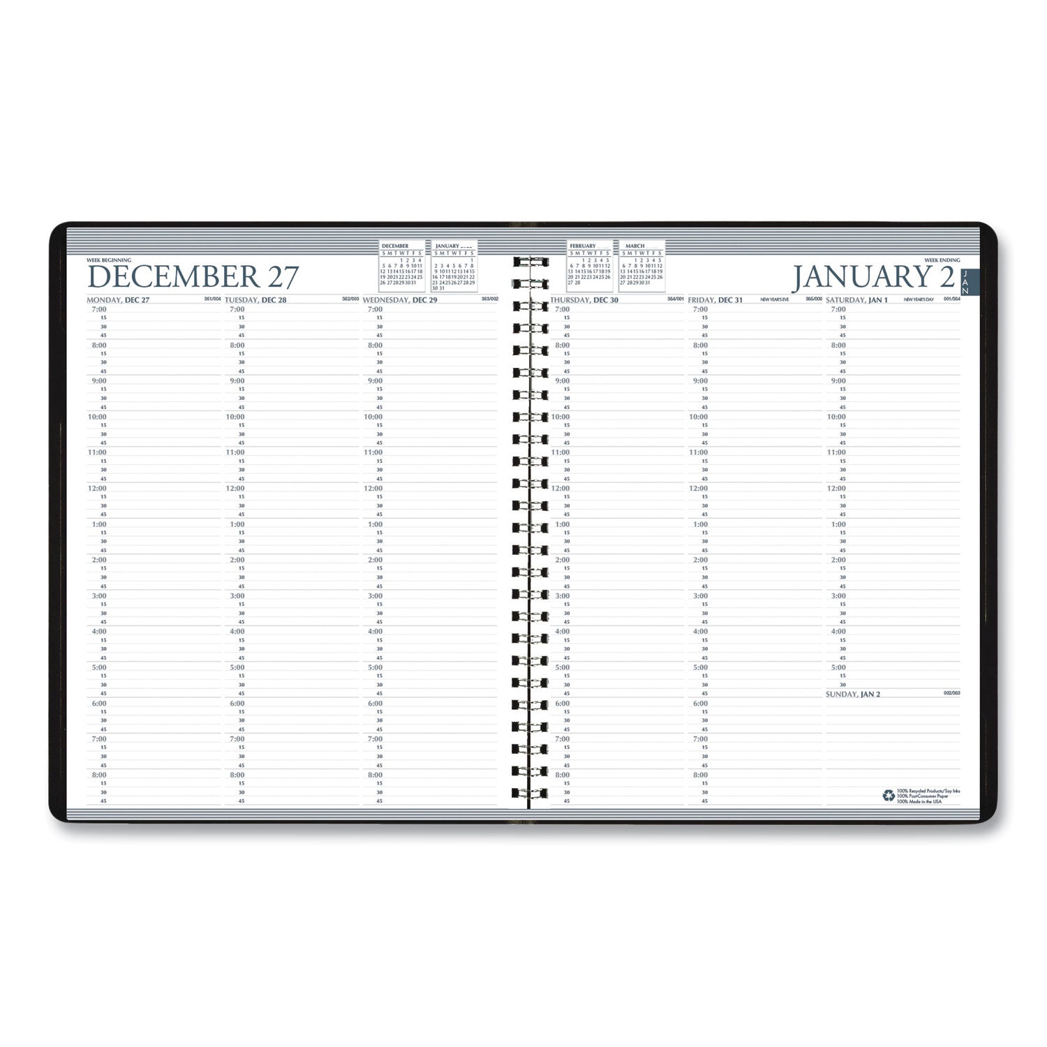 House of Doolittle™ Recycled Professional Weekly Planner, 15-Minute Appts, 11 x 8.5, Black Wirebound Soft Cover, 12-Month (Jan to Dec): 2025