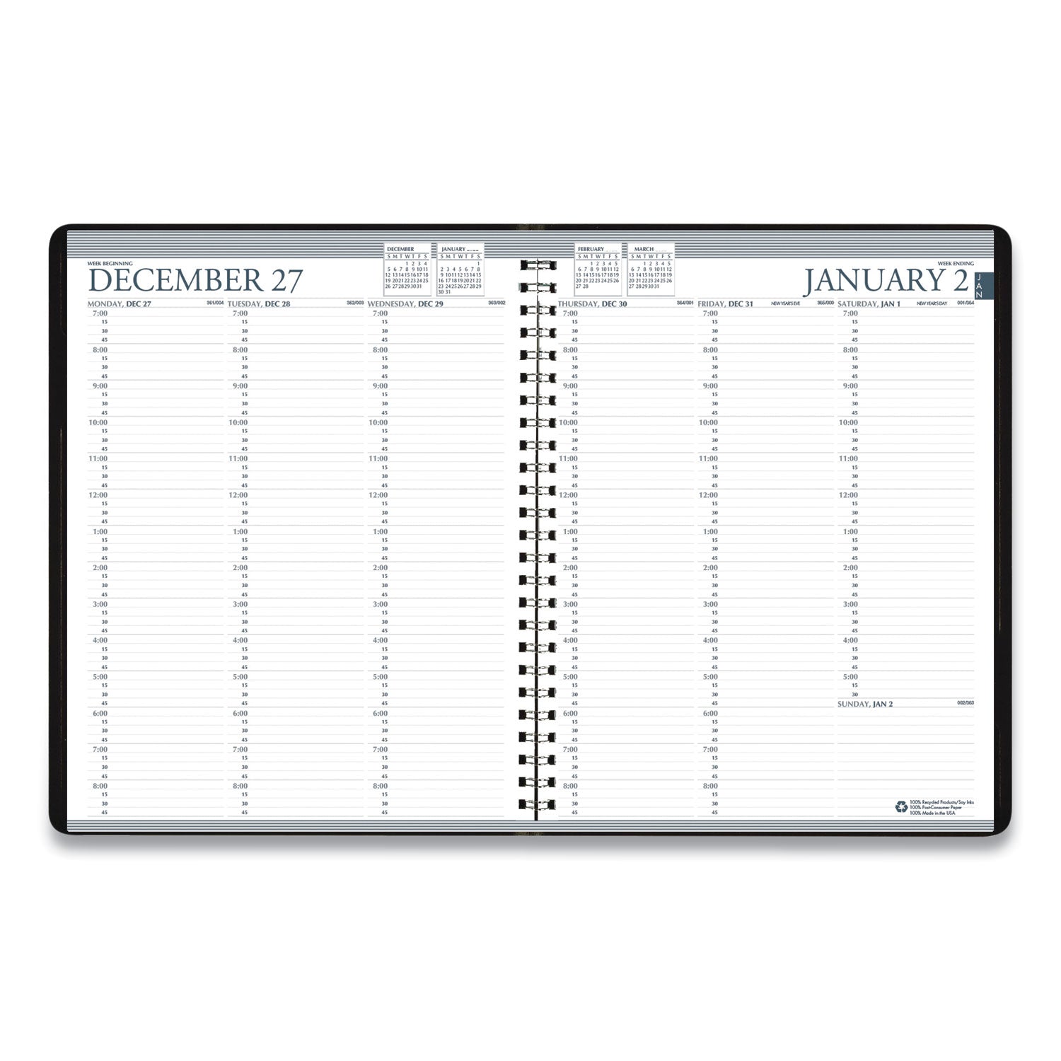House of Doolittle™ Recycled Professional Weekly Planner, 15-Minute Appts, 11 x 8.5, Blue Wirebound Soft Cover, 12-Month (Jan to Dec): 2025