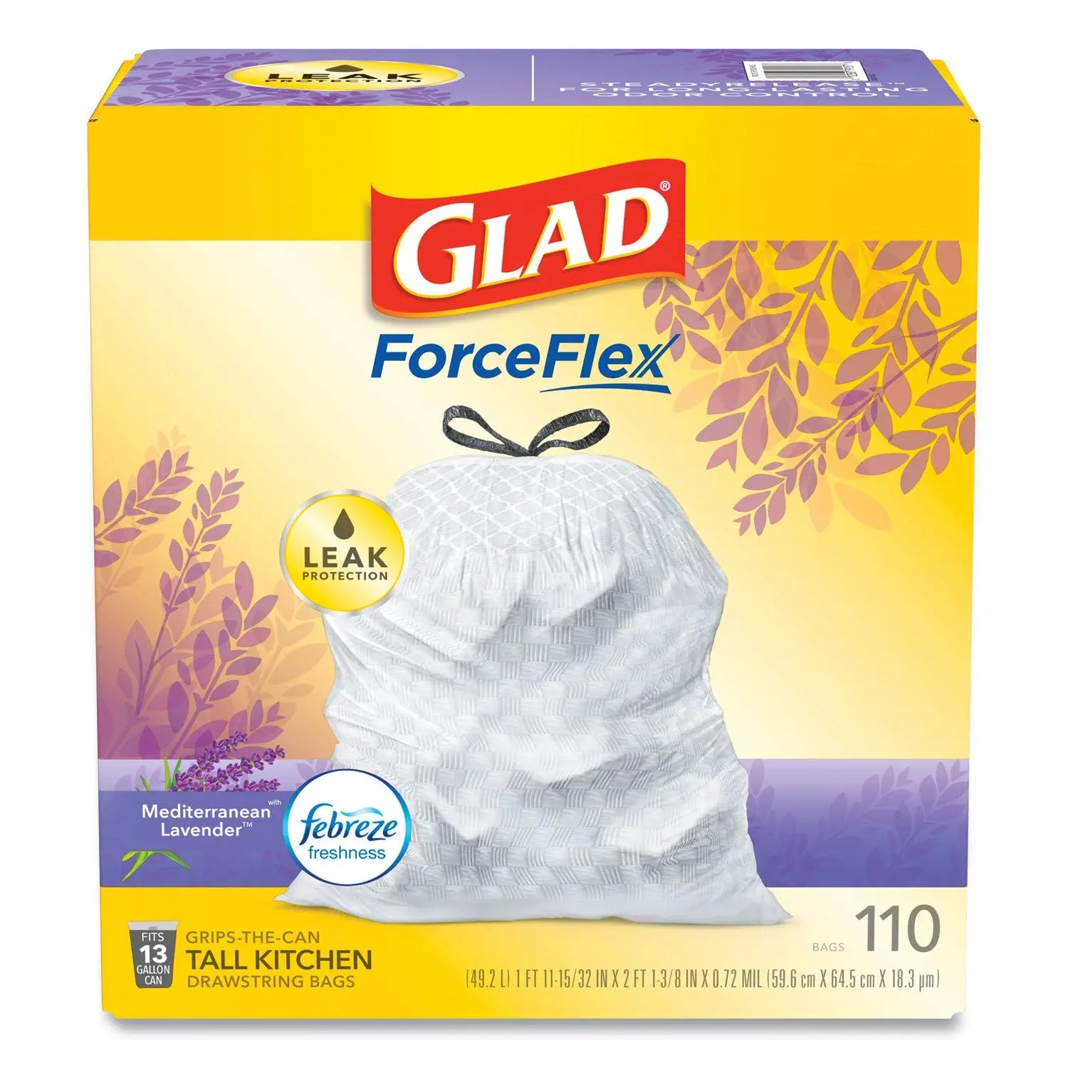 Glad OdorShield with Febreze, Drawstring, 13 gal, Mediterranean Lavender Scent, 10.18" x 9.81", White, 110/Box